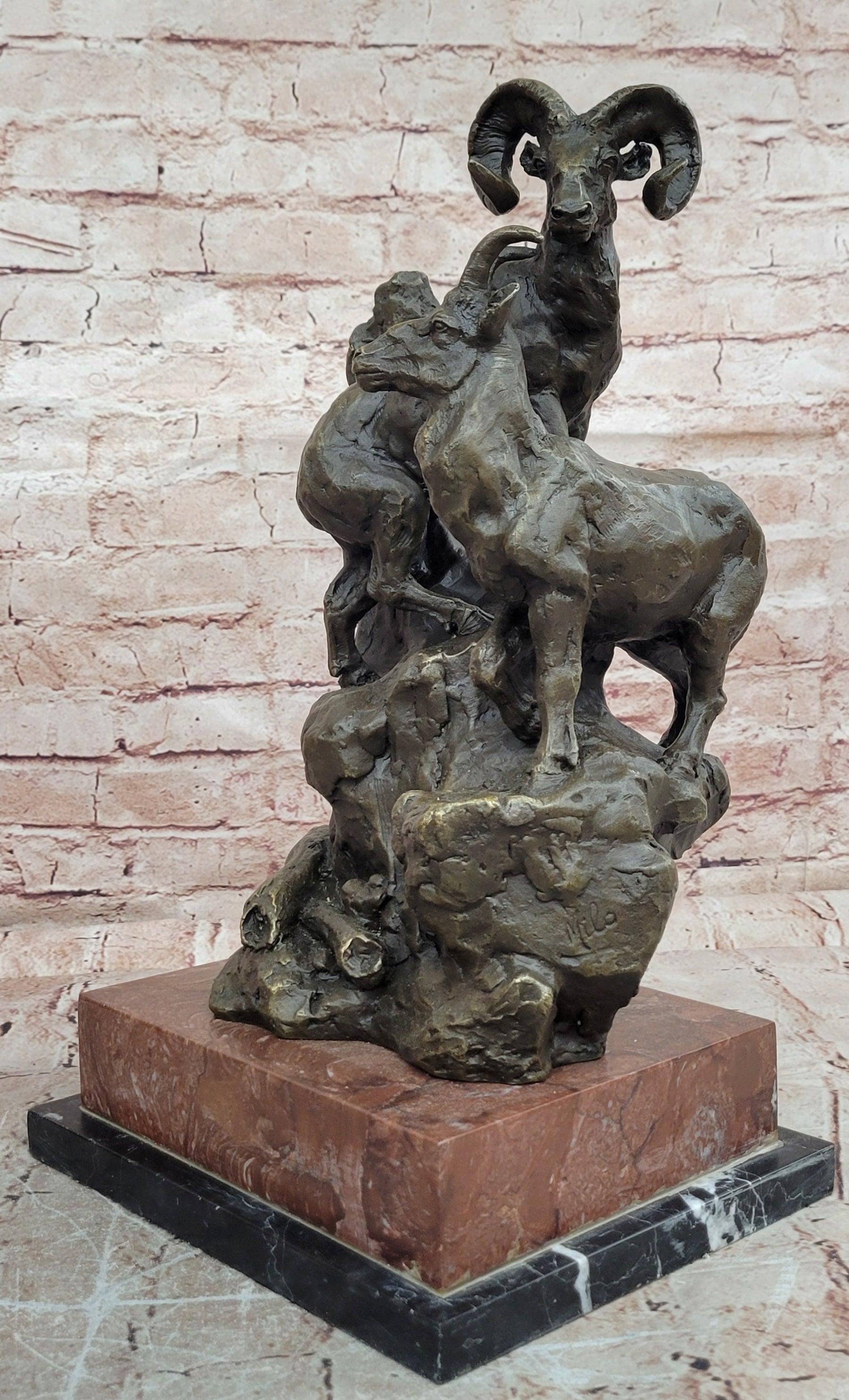 Large Big Horn Ram Bronze Sculpture Wildlife Marble Statue Collectible Decor