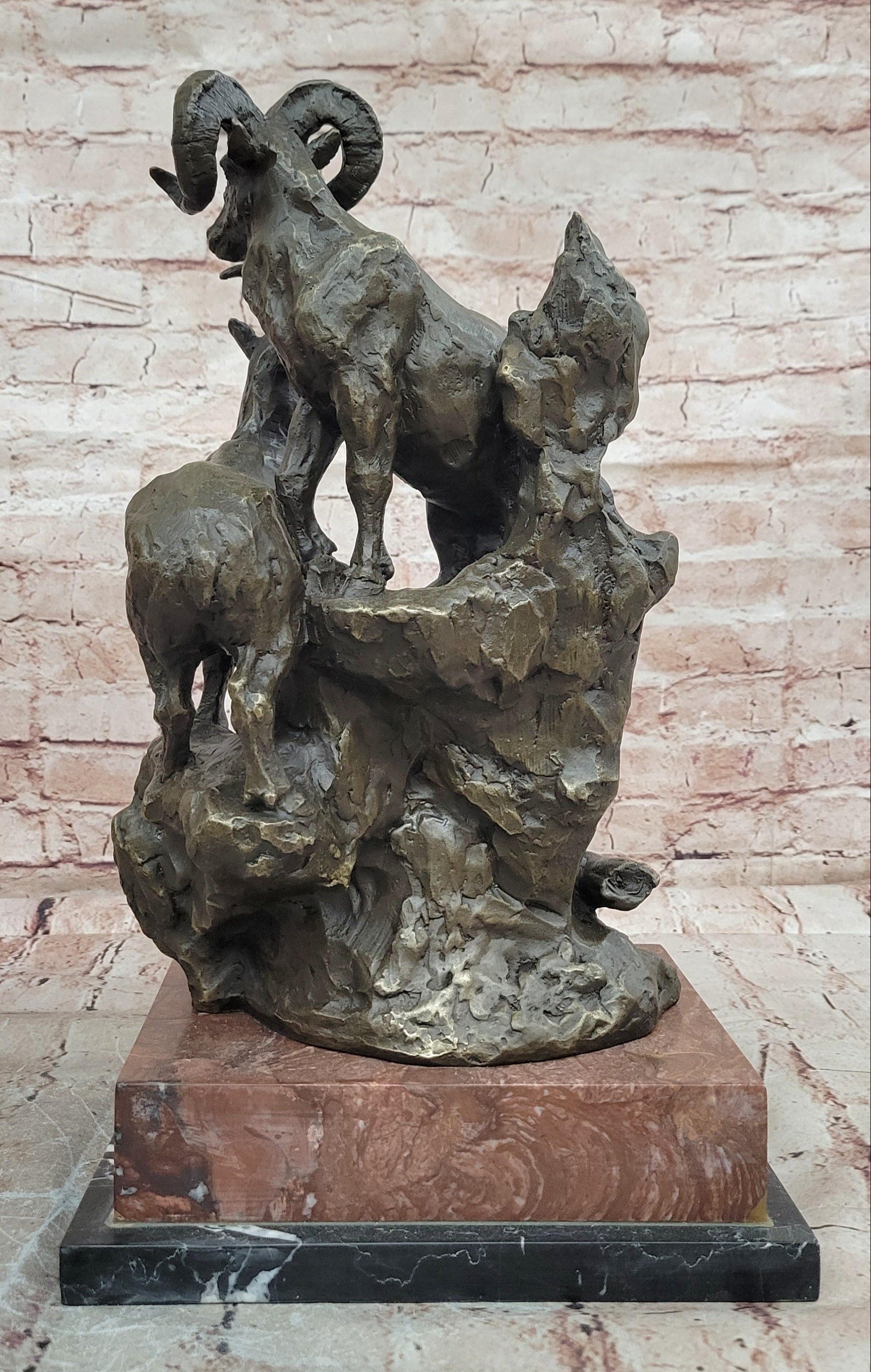 Large Big Horn Ram Bronze Sculpture Wildlife Marble Statue Collectible Decor
