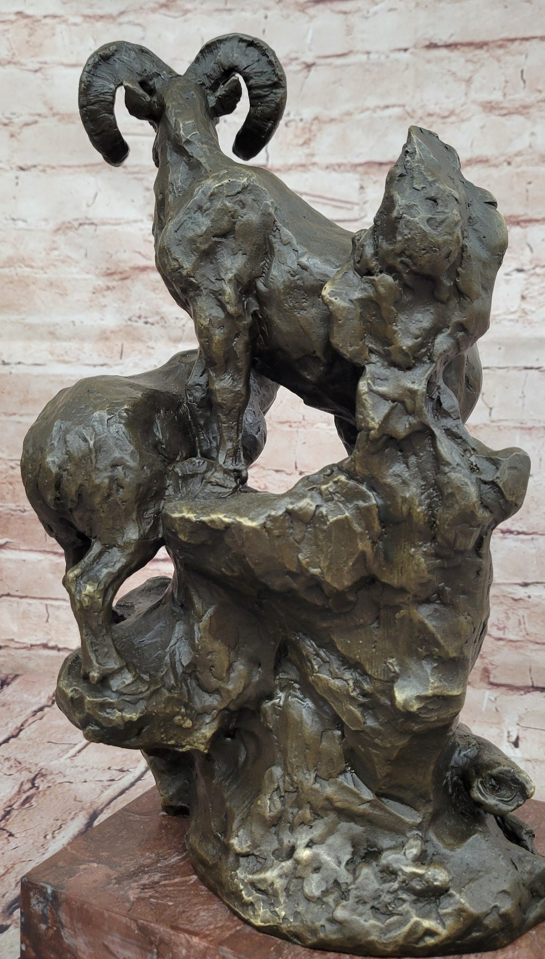 Large Big Horn Ram Bronze Sculpture Wildlife Marble Statue Collectible Decor