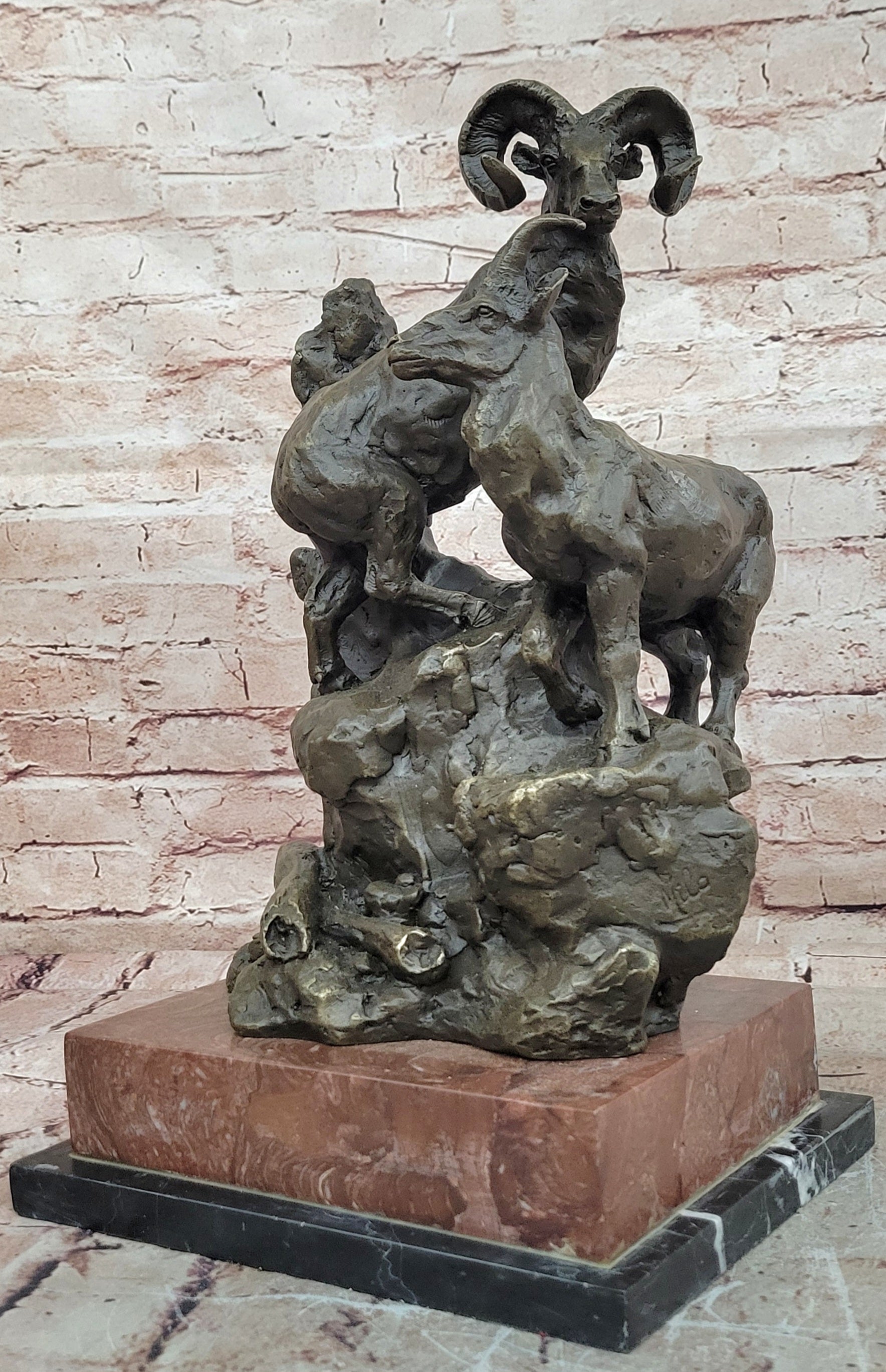 Large Big Horn Ram Bronze Sculpture Wildlife Marble Statue Collectible Decor