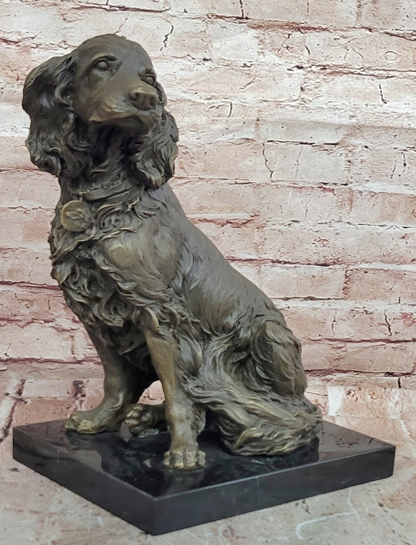 Signed M. Lopez Bronze Dog Sculpture Cocker Spaniel Sitting Figurine
