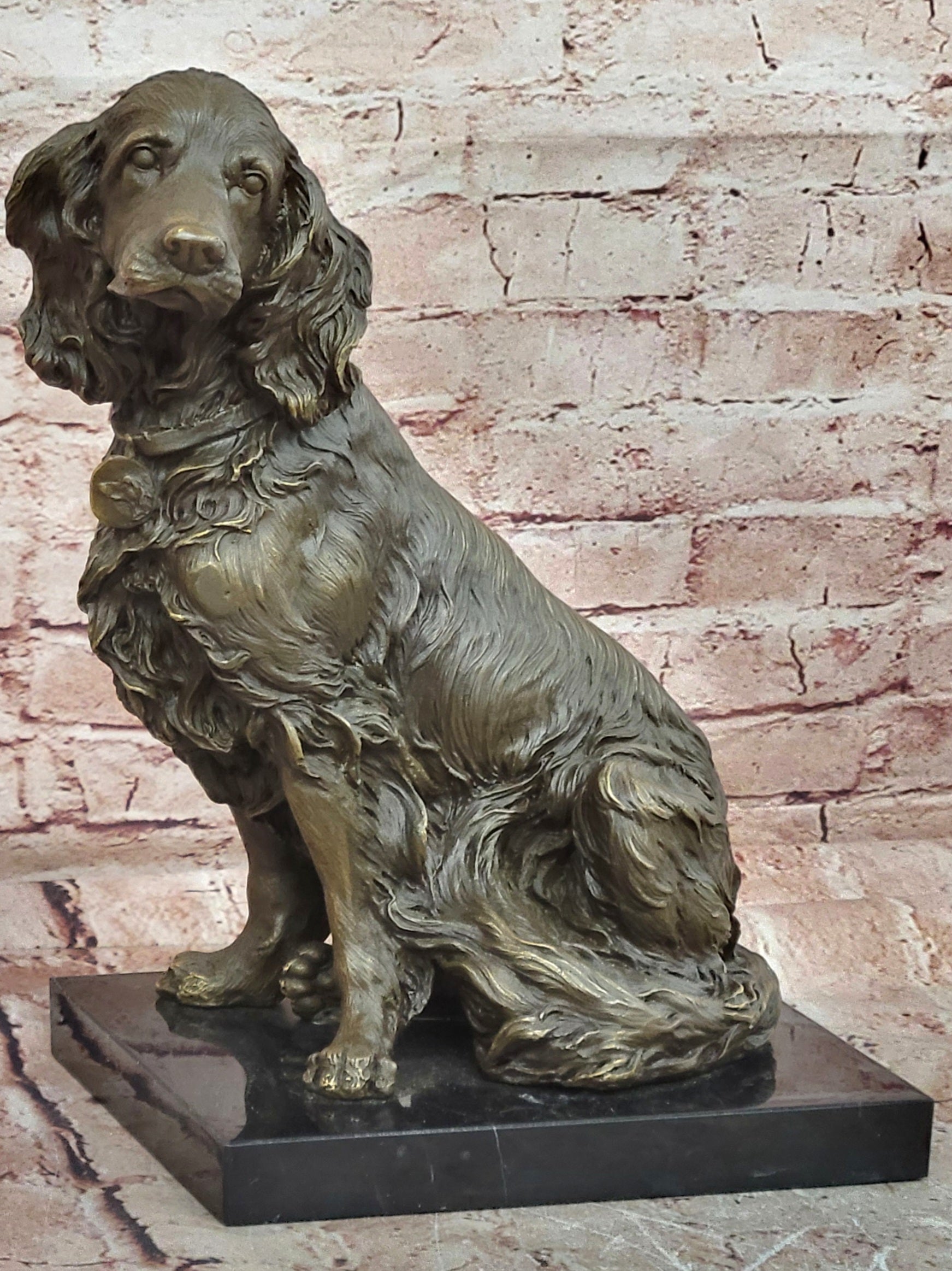 Signed M. Lopez Bronze Dog Sculpture Cocker Spaniel Sitting Figurine