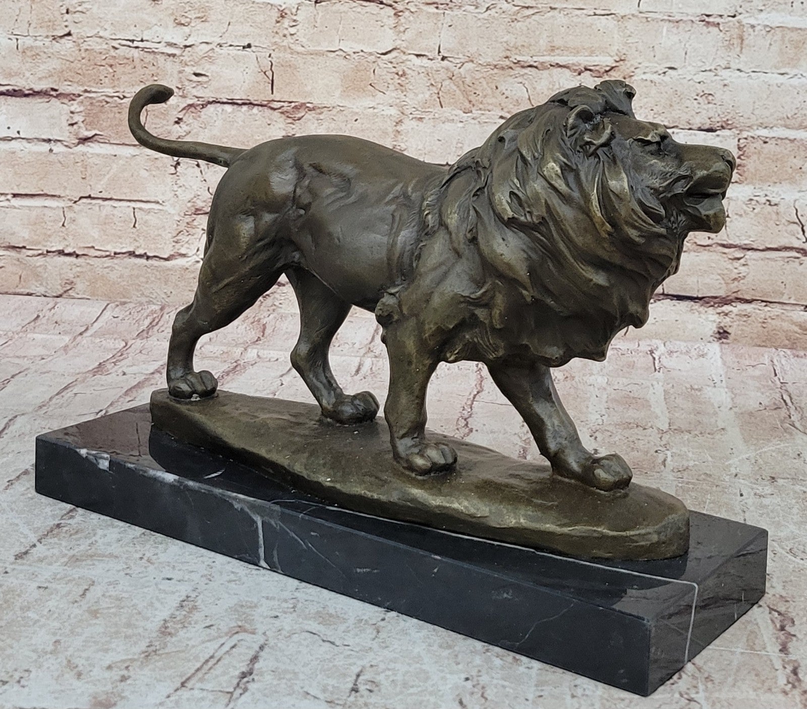 15" Art Deco Sculpture Animal Male Lion Marble Base Bronze Statue
