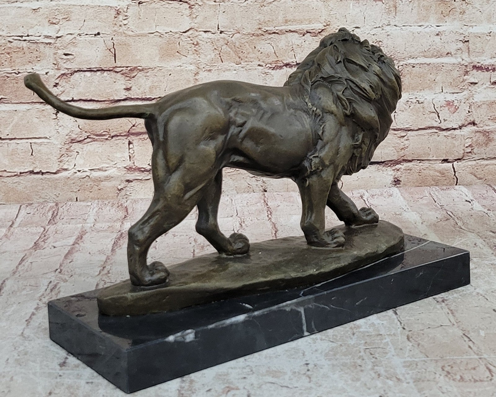 15" Art Deco Sculpture Animal Male Lion Marble Base Bronze Statue