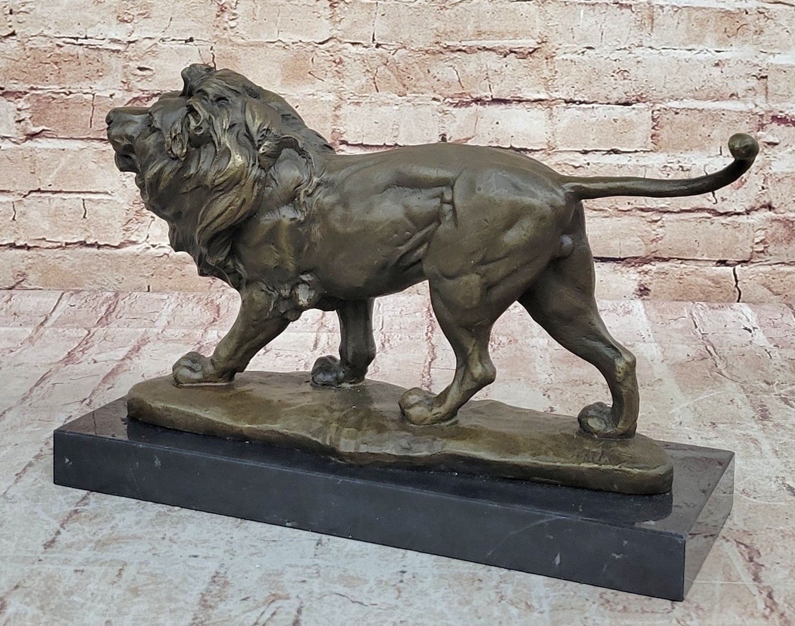 15" Art Deco Sculpture Animal Male Lion Marble Base Bronze Statue