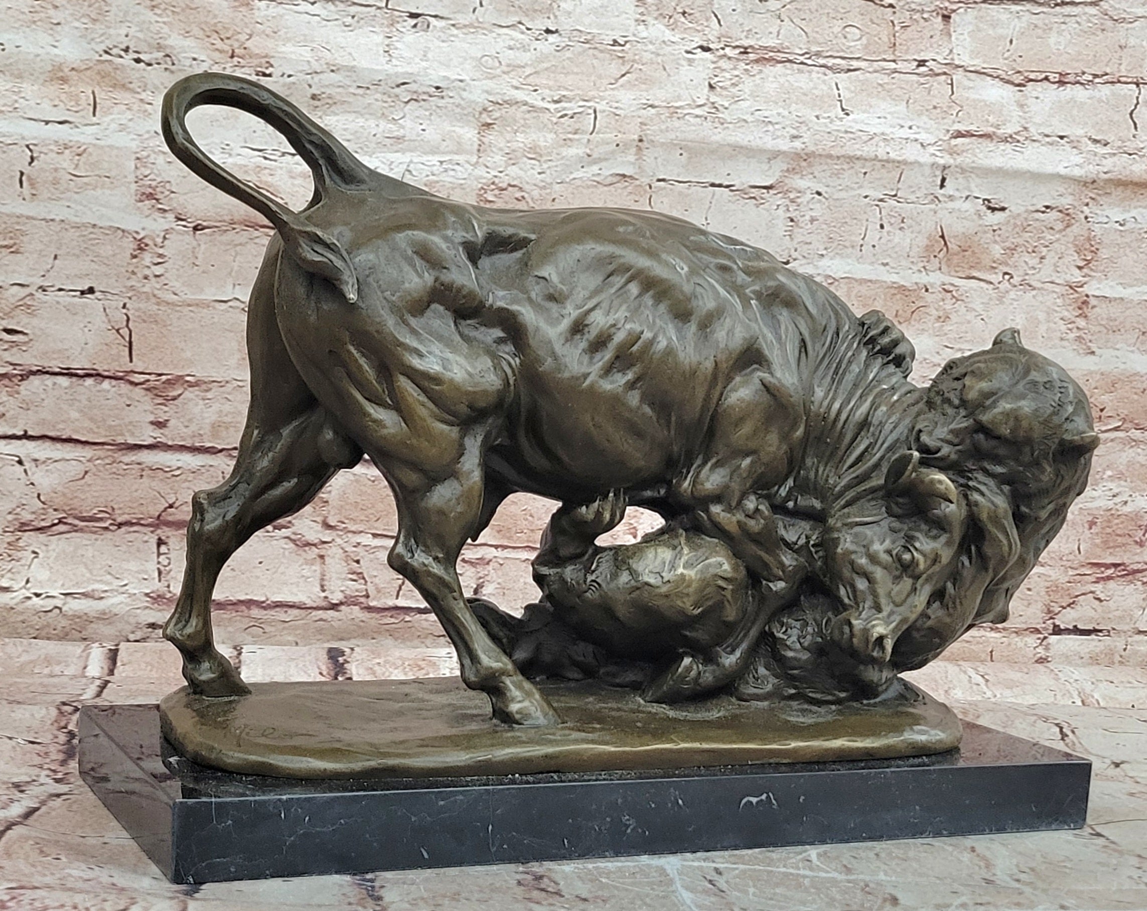 Milo 100% Bronze Buffalo Fight Sculpture Hot Cast Wildlife Home Decor