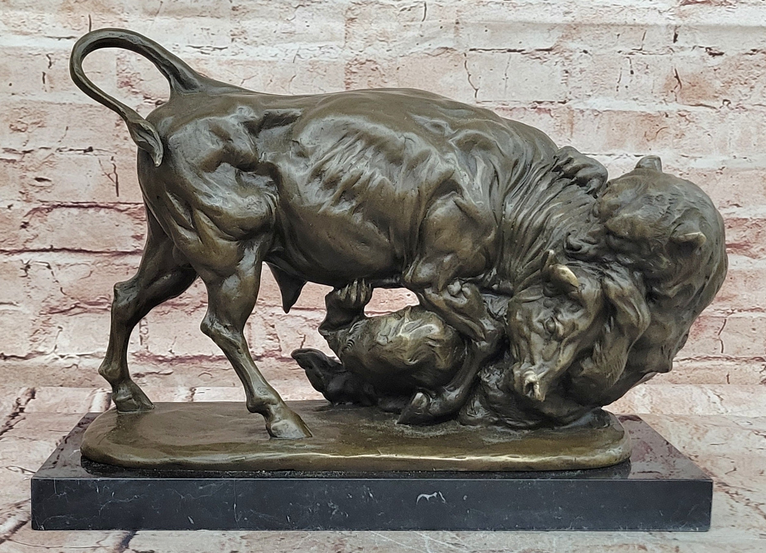 Milo 100% Bronze Buffalo Fight Sculpture Hot Cast Wildlife Home Decor