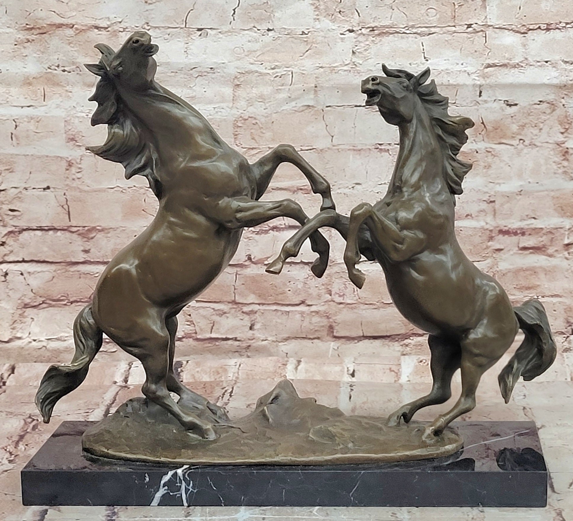 Milo Bronze Two Rearing Horses Sculpture Fighting Stallions Collectible