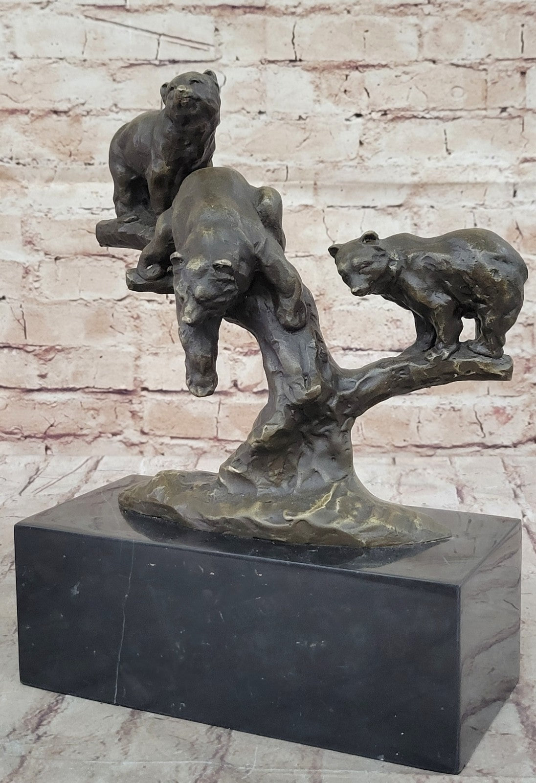 Art Deco Hot Cast 3 Brown Bears Bronze Sculpture on a White Marble Base Figurine