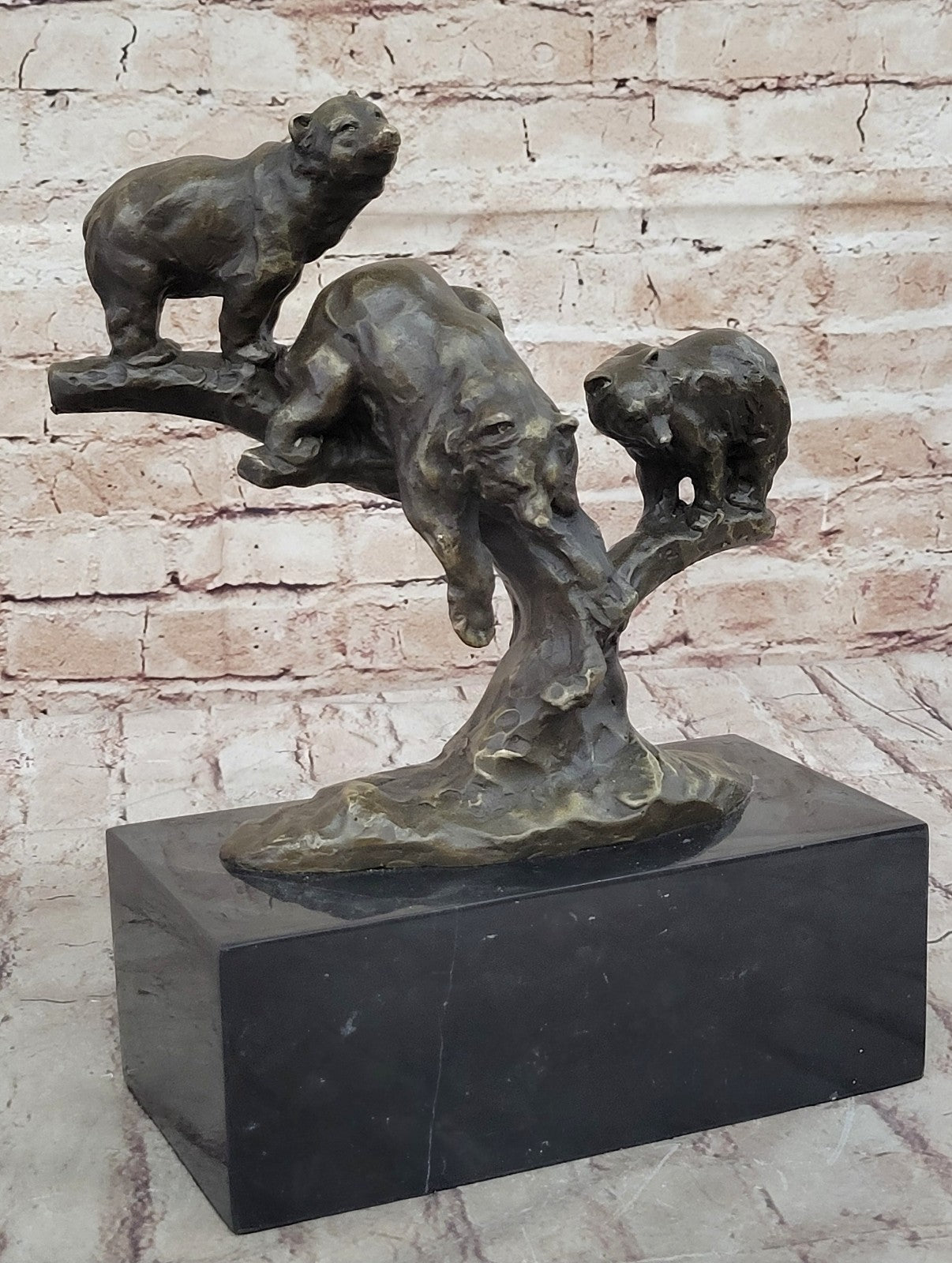 Art Deco Hot Cast 3 Brown Bears Bronze Sculpture on a White Marble Base Figurine