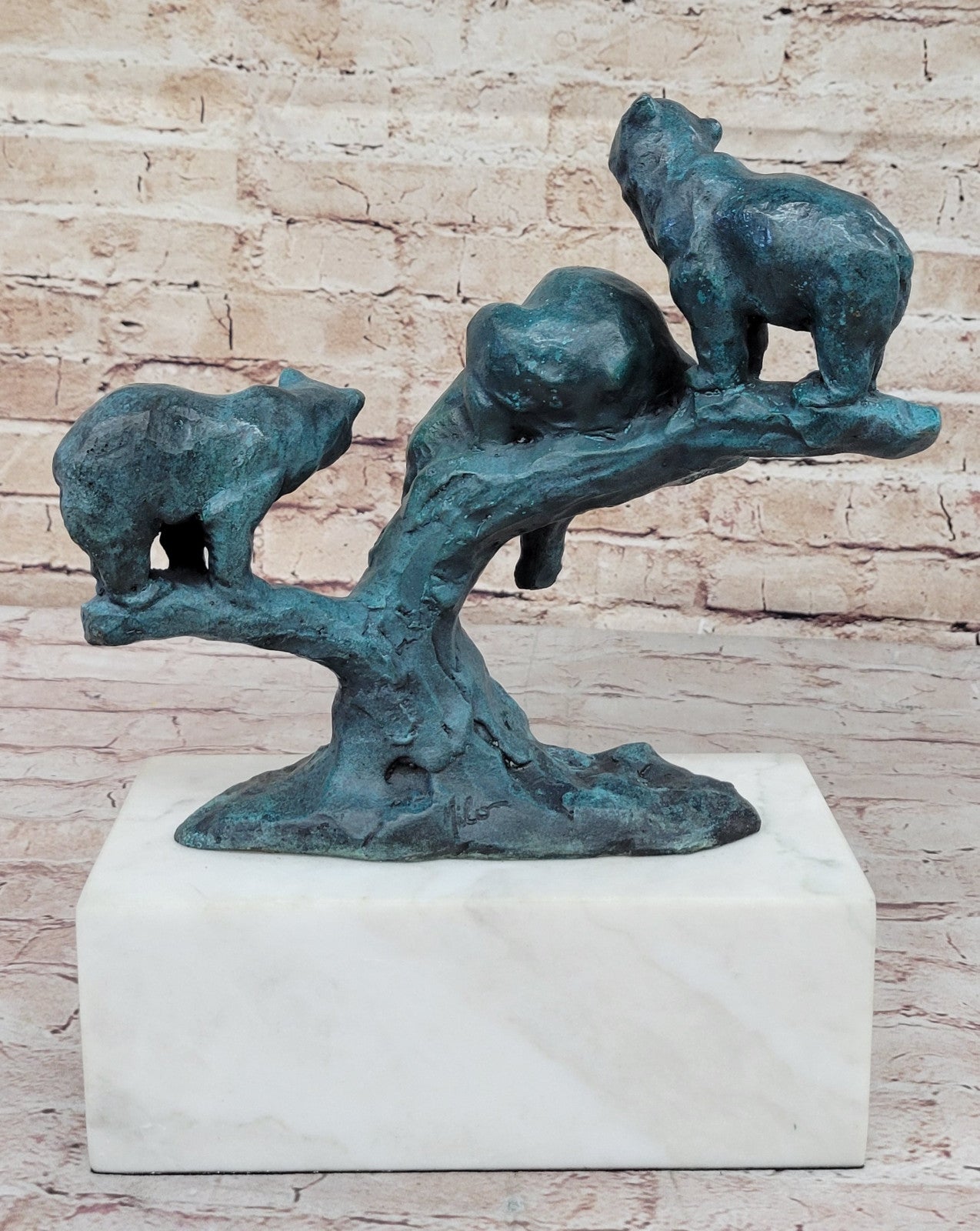 Modern Artwork: Special Patina Bear Family on Tree Stump Bronze Sculpture