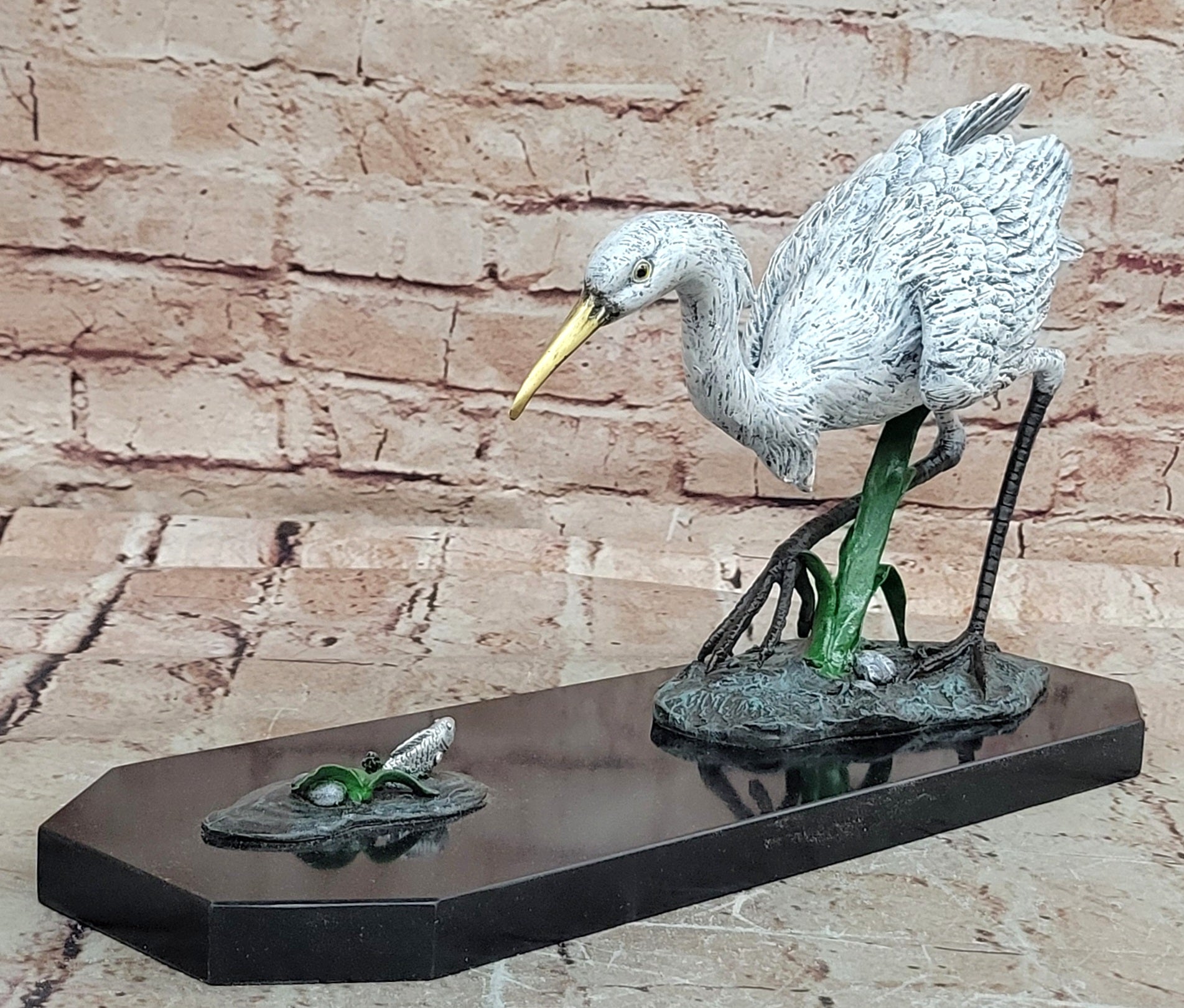 Handcrafted Milo Bronze Egret Crane Hunting Fish Sculpture Hot Cast Statue