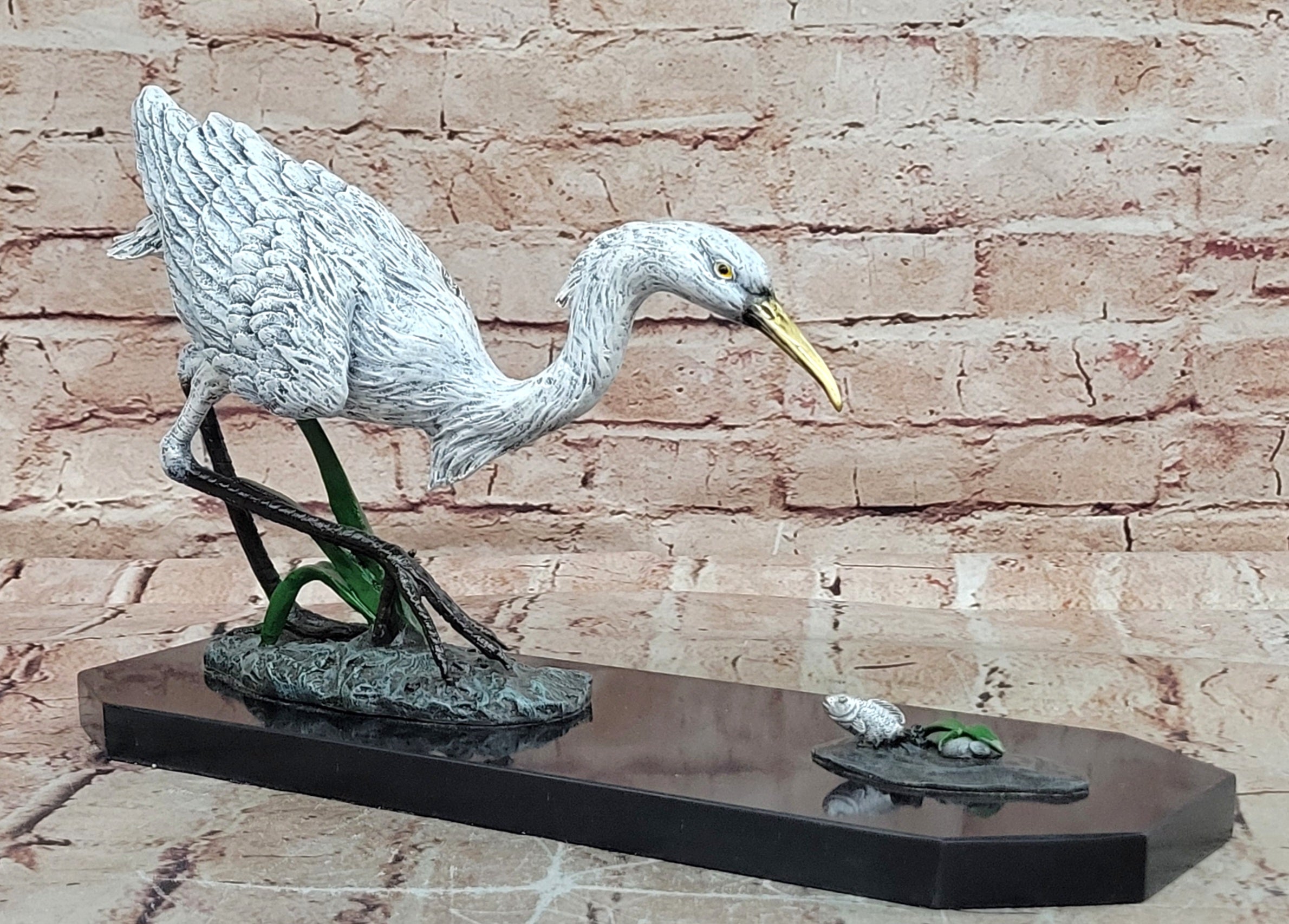 Handcrafted Milo Bronze Egret Crane Hunting Fish Sculpture Hot Cast Statue