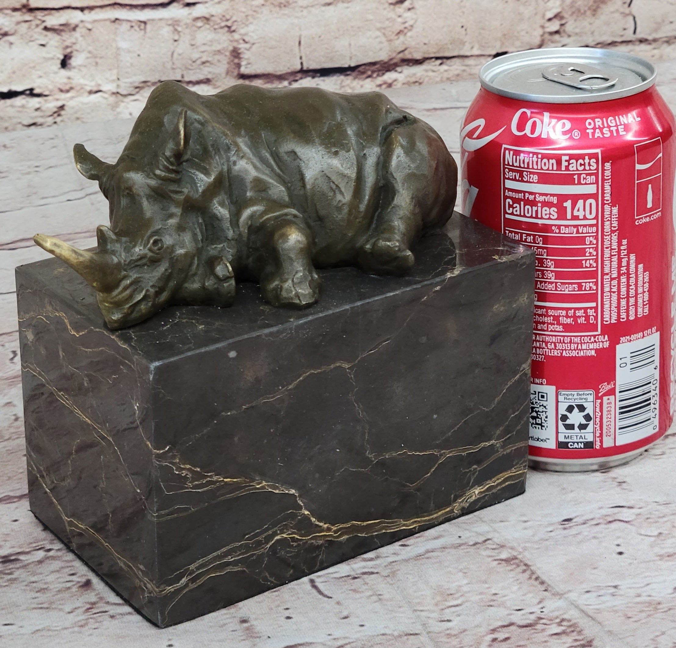 Bronze Sculpture of Rhino Rhinoceros Hot Cast Detailed Marble Base Figure Gift