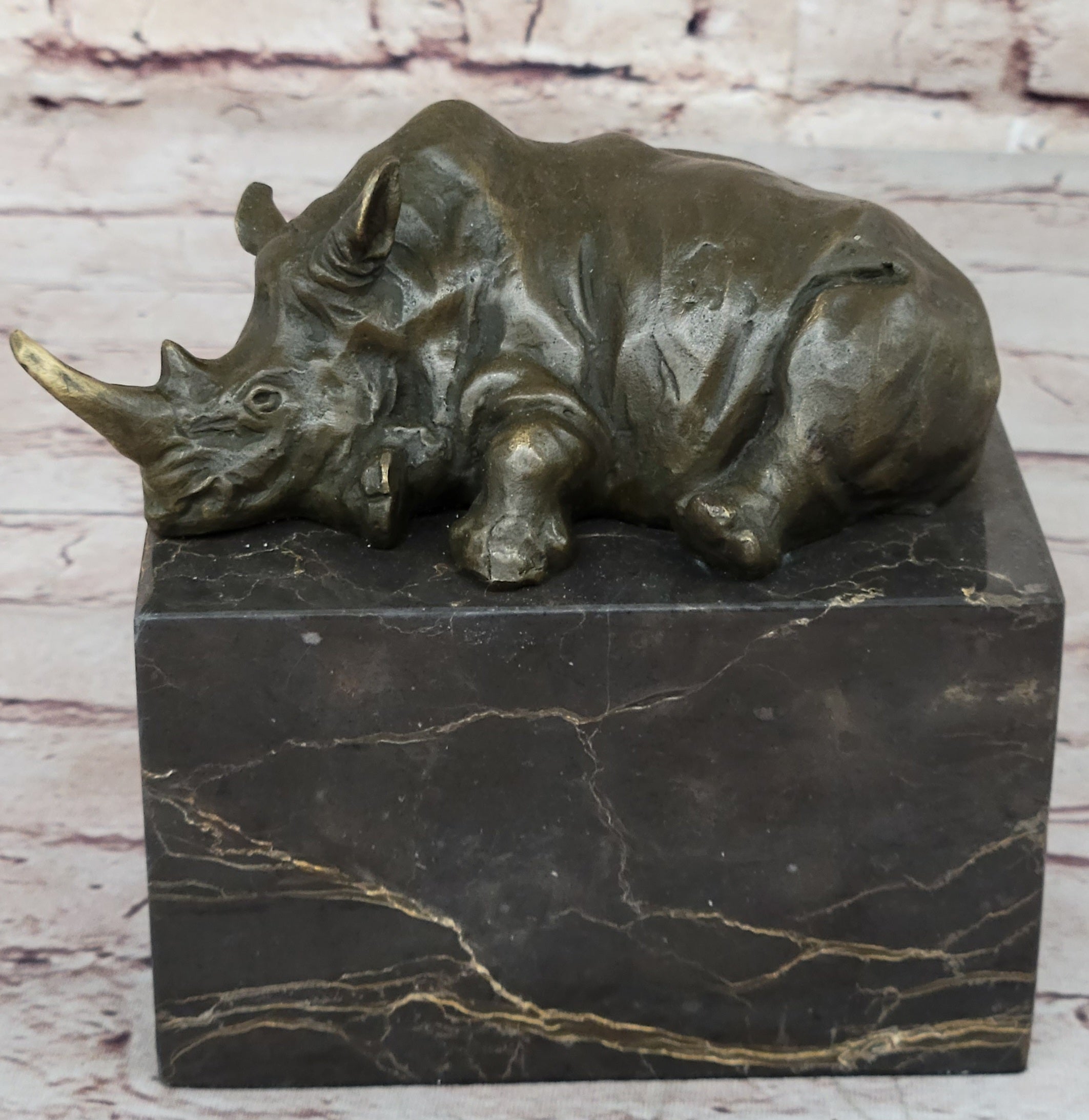 Bronze Sculpture of Rhino Rhinoceros Hot Cast Detailed Marble Base Figure Gift