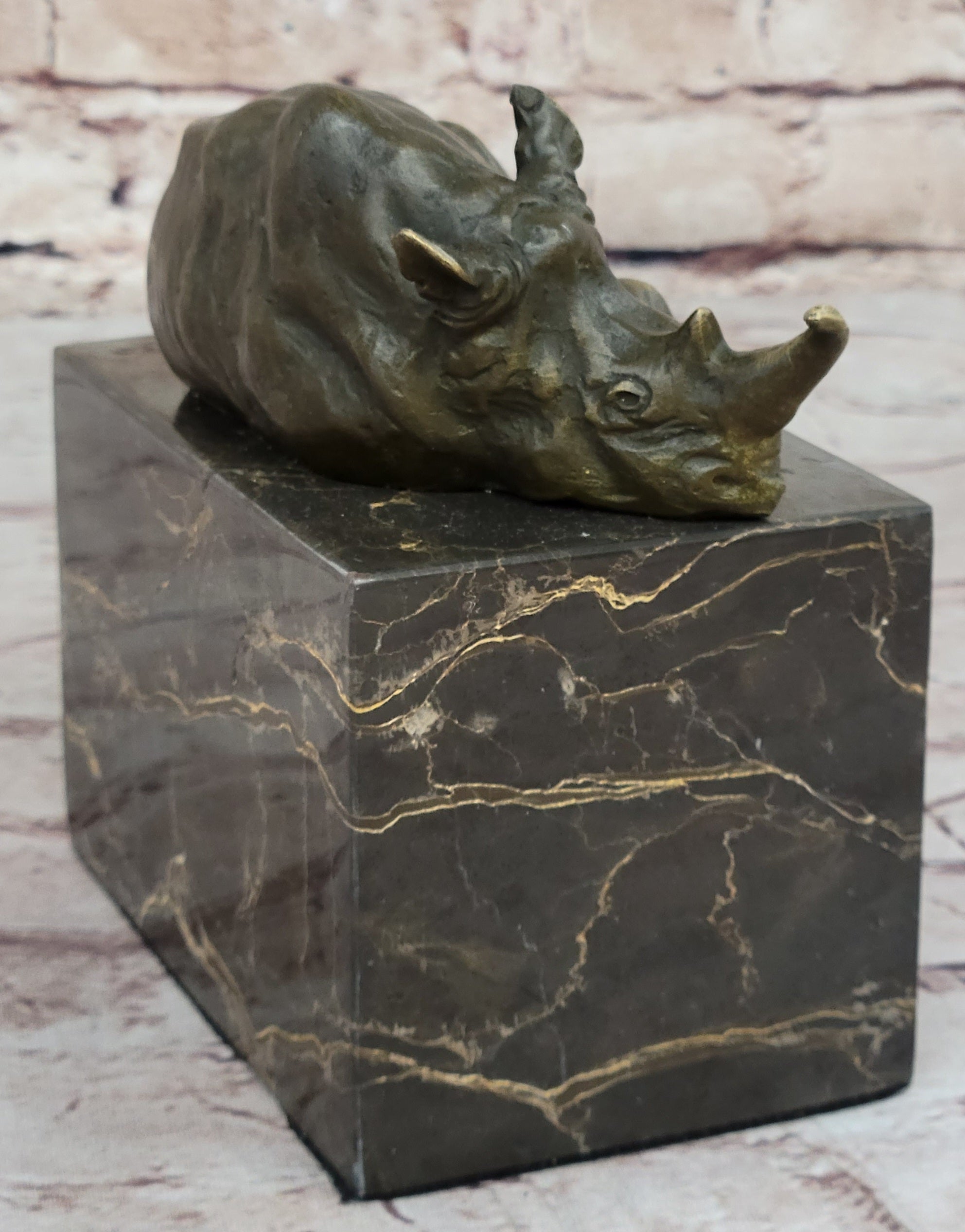 Bronze Sculpture of Rhino Rhinoceros Hot Cast Detailed Marble Base Figure Gift