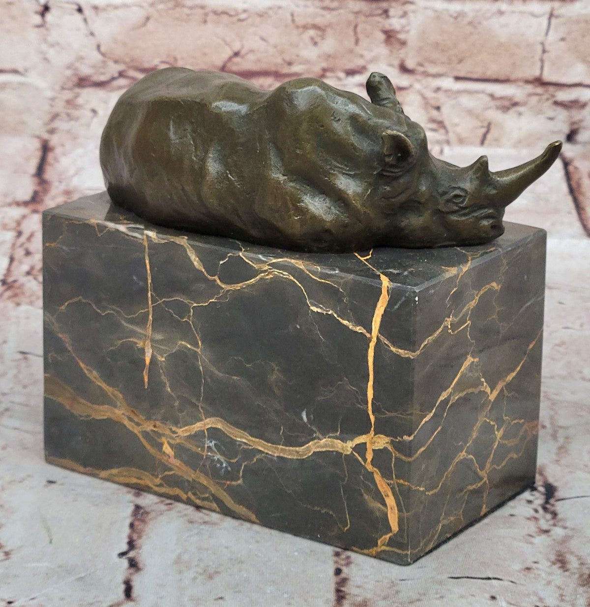 Bronze Sculpture of Rhino Rhinoceros Hot Cast Detailed Marble Base Figure Gift