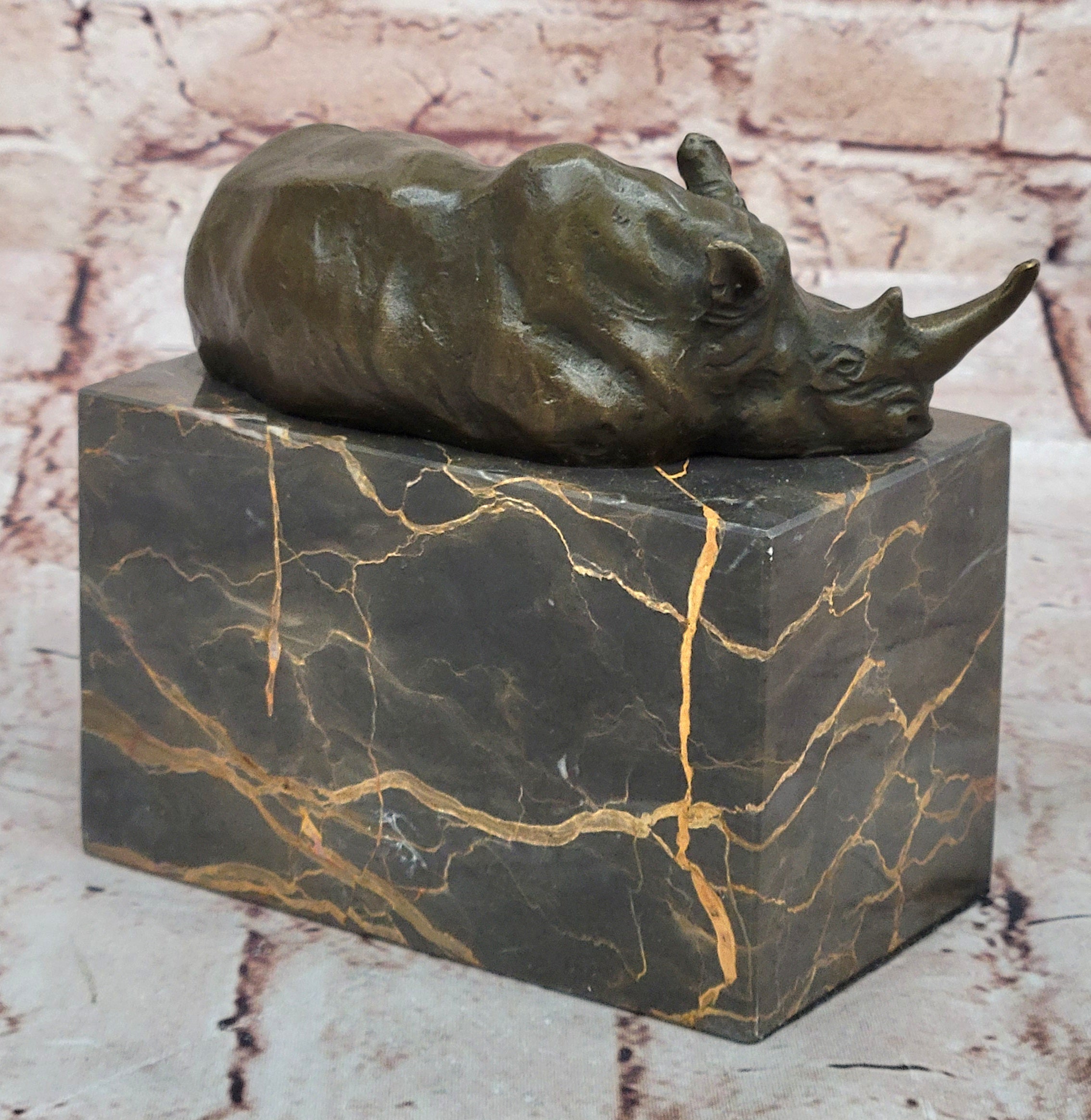 Bronze Sculpture of Rhino Rhinoceros Hot Cast Detailed Marble Base Figure Gift