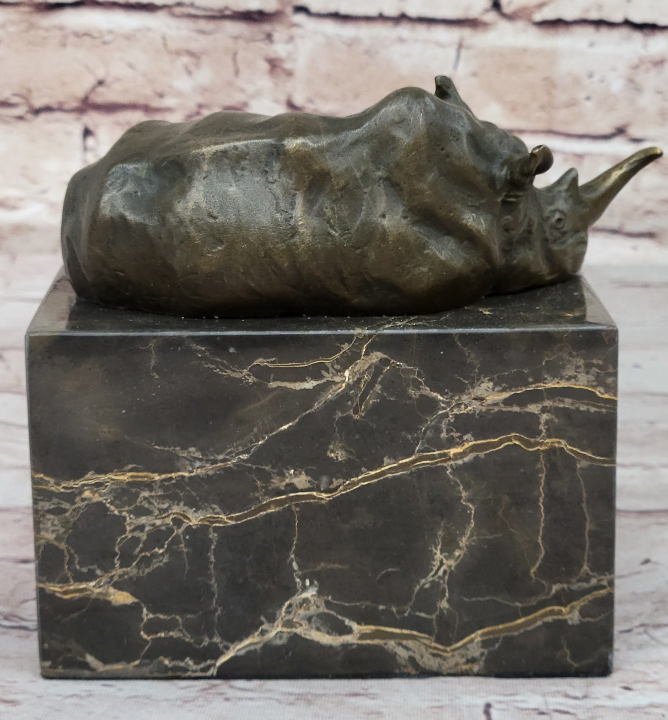 Bronze Sculpture of Rhino Rhinoceros Hot Cast Detailed Marble Base Figure Gift