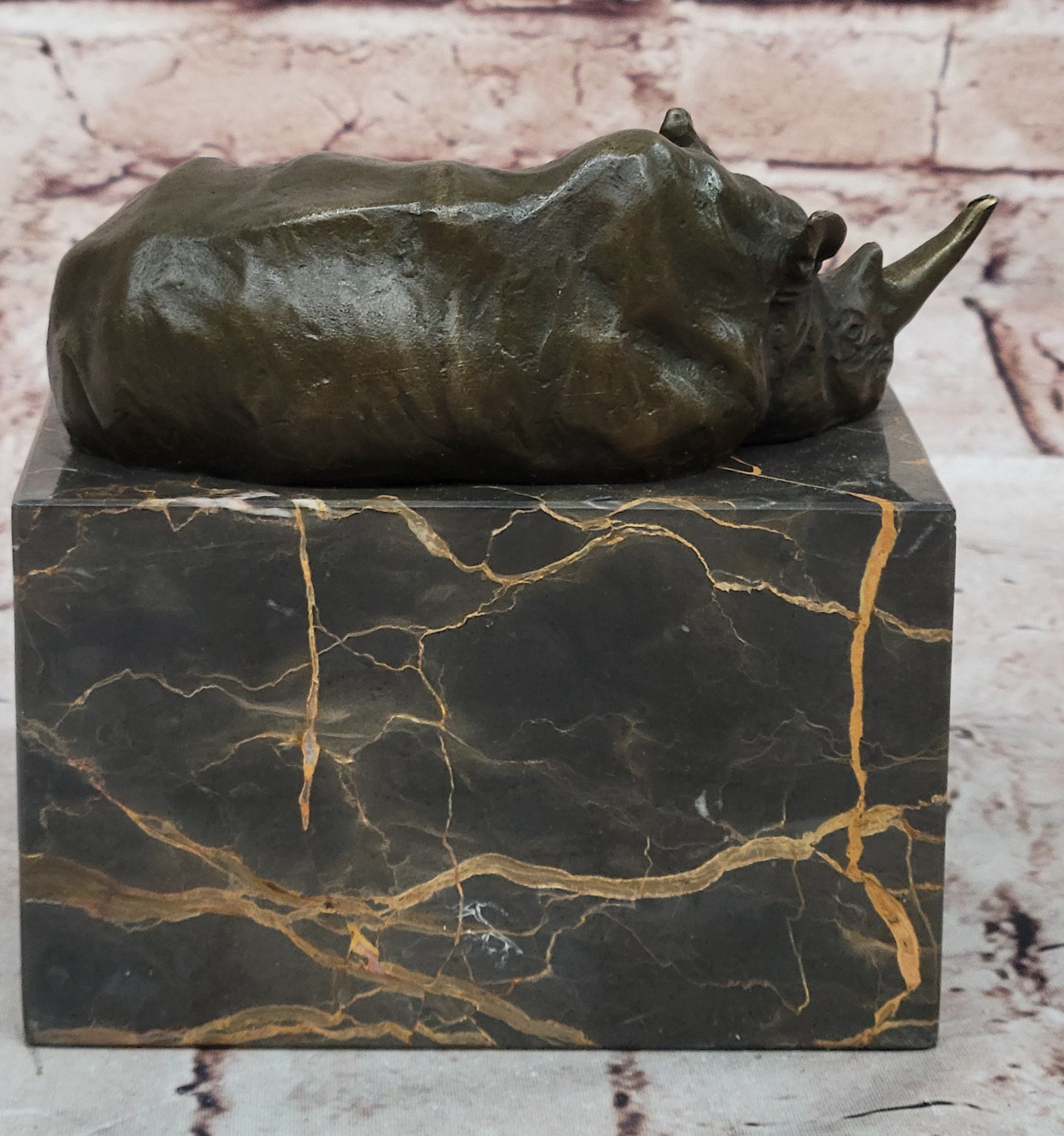 Bronze Sculpture of Rhino Rhinoceros Hot Cast Detailed Marble Base Figure Gift