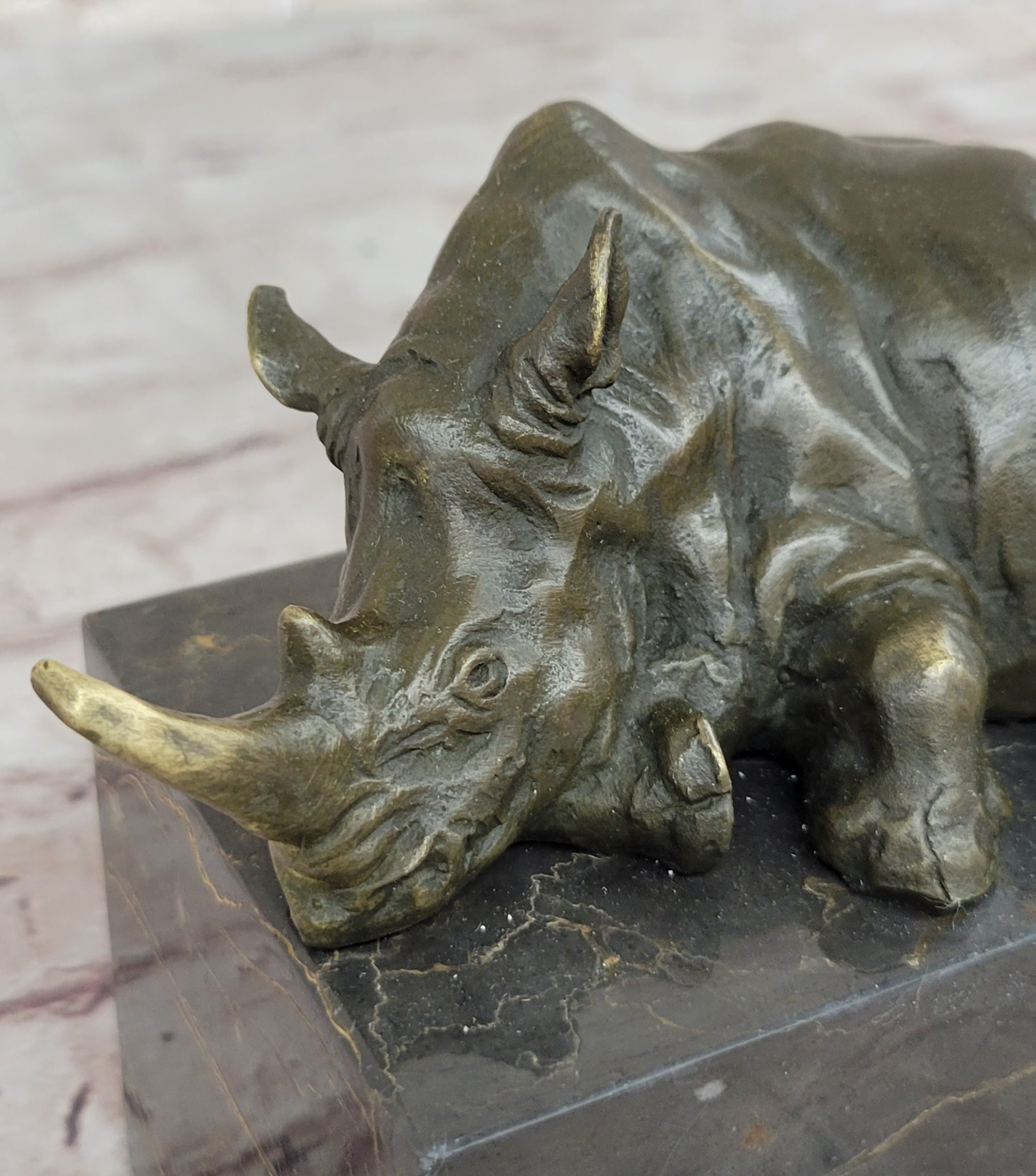 Bronze Sculpture of Rhino Rhinoceros Hot Cast Detailed Marble Base Figure Gift