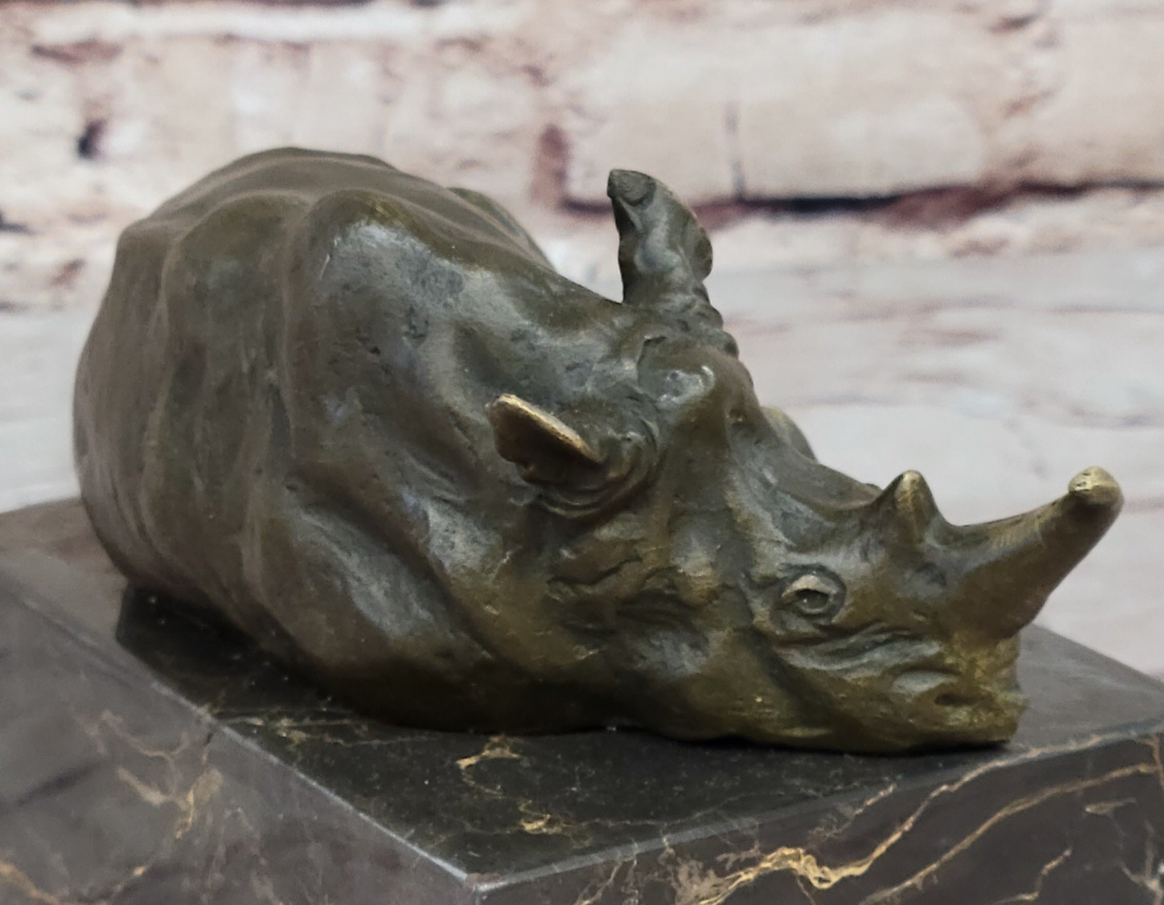 Bronze Sculpture of Rhino Rhinoceros Hot Cast Detailed Marble Base Figure Gift