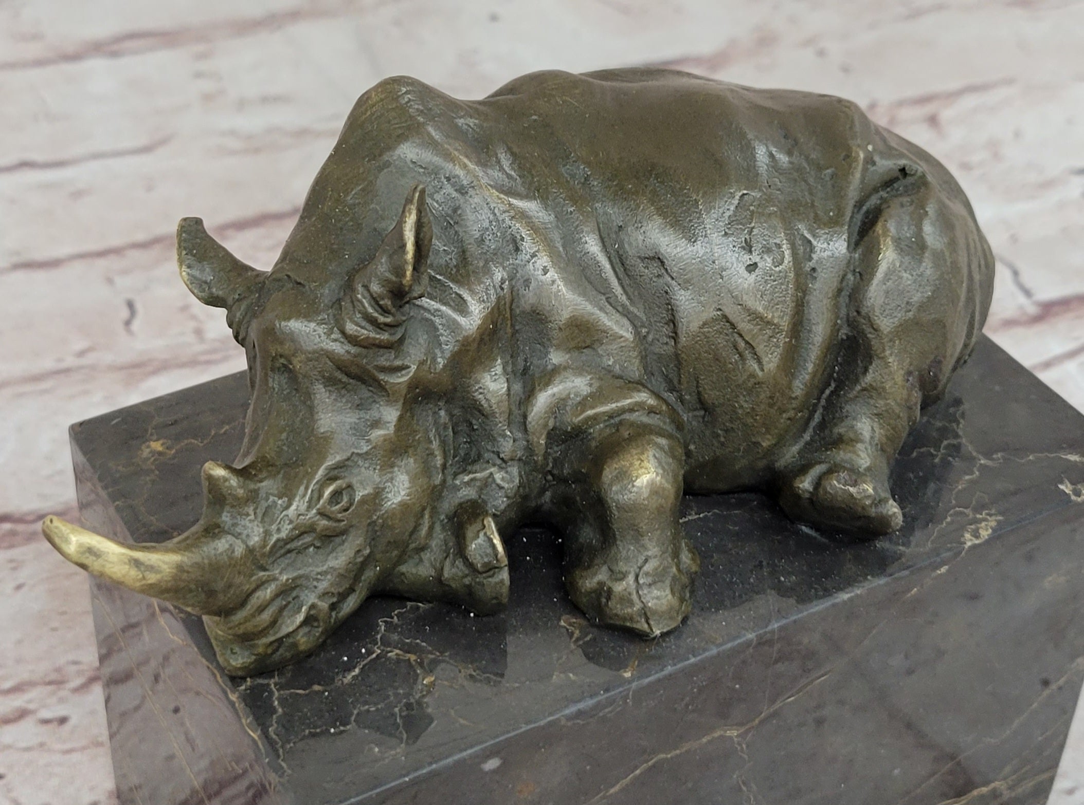 Bronze Sculpture of Rhino Rhinoceros Hot Cast Detailed Marble Base Figure Gift