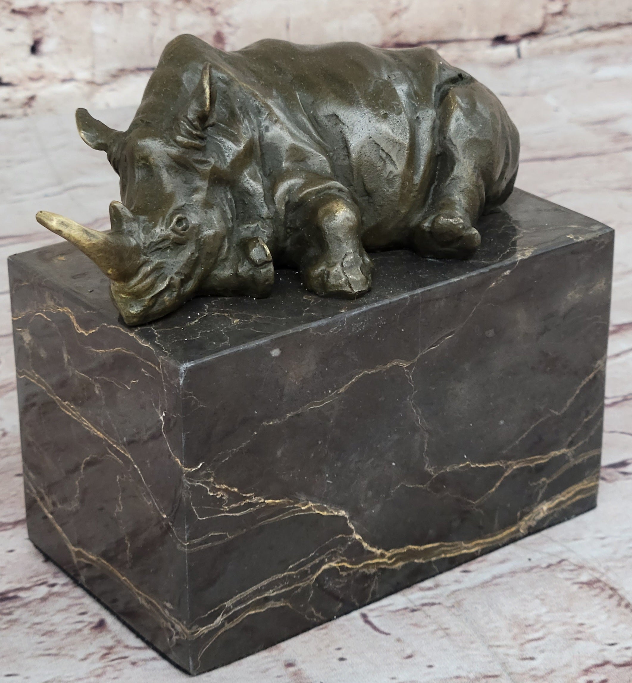 Bronze Sculpture of Rhino Rhinoceros Hot Cast Detailed Marble Base Figure Gift