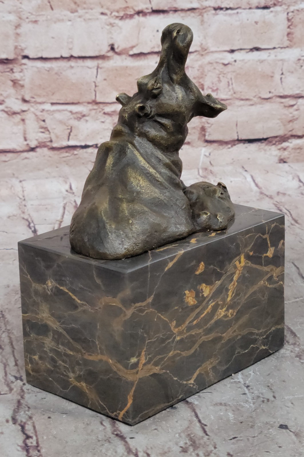 Animal Statue - Happy Hippo - Bronze / Marble Sleeping Hippopotamus