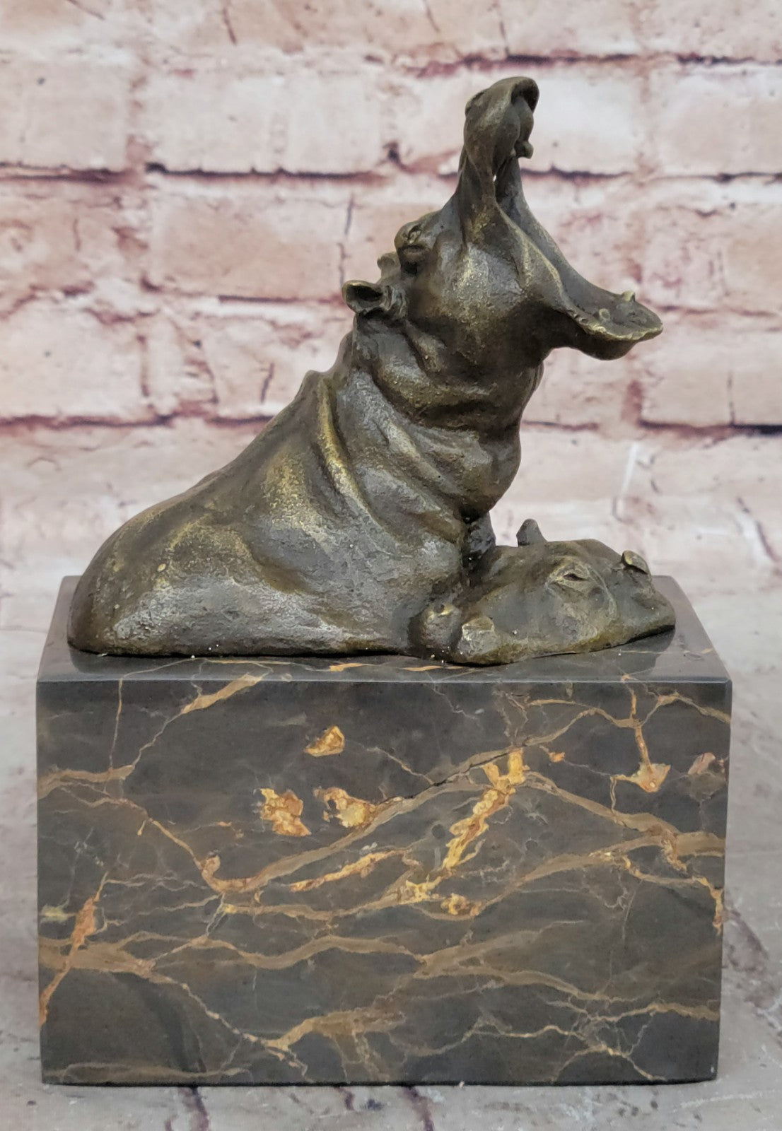 Animal Statue - Happy Hippo - Bronze / Marble Sleeping Hippopotamus