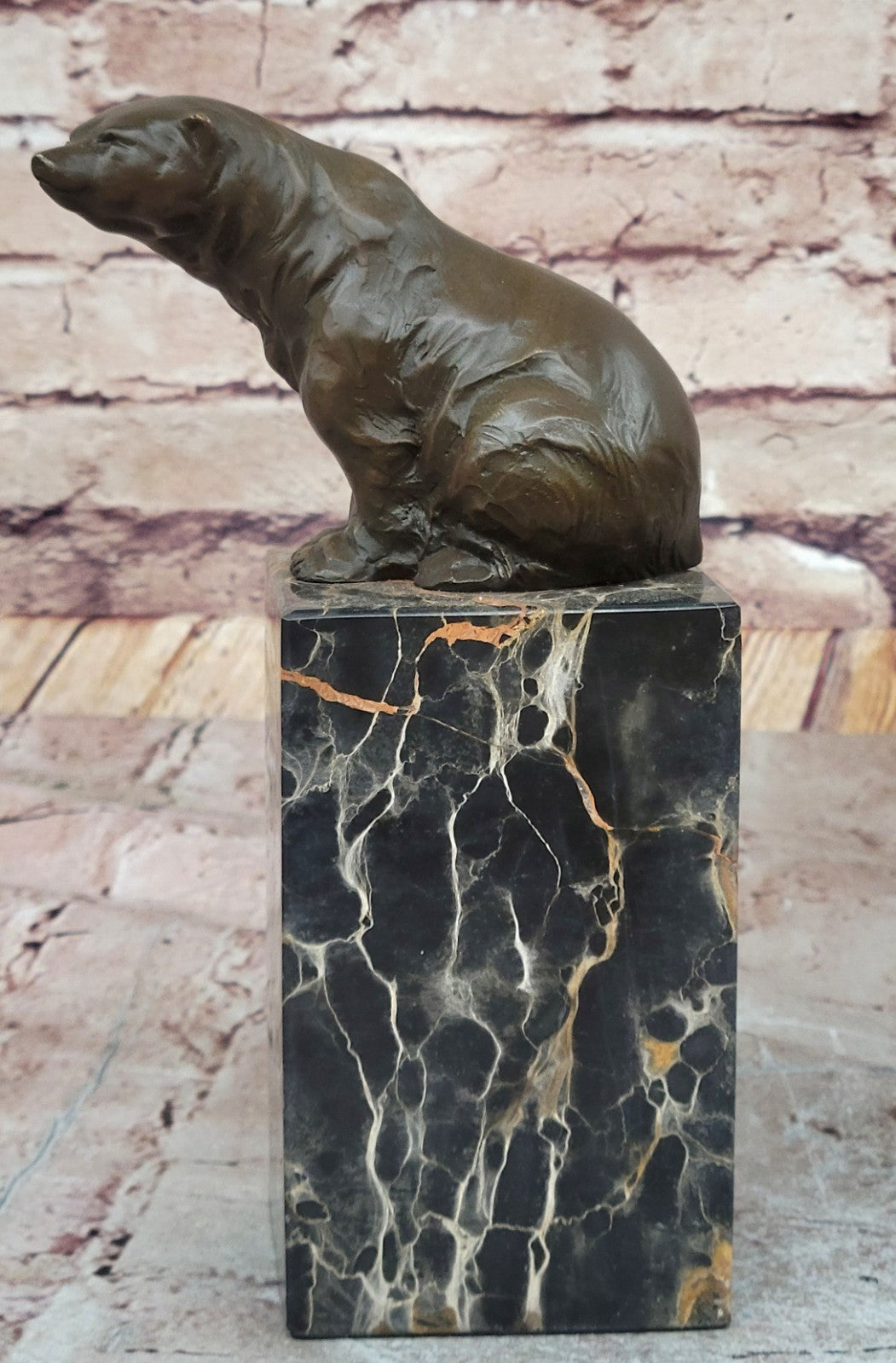 Signed Sitting Polar Bear Bronze Bookend Book End Decor Marble Sculpture Statue