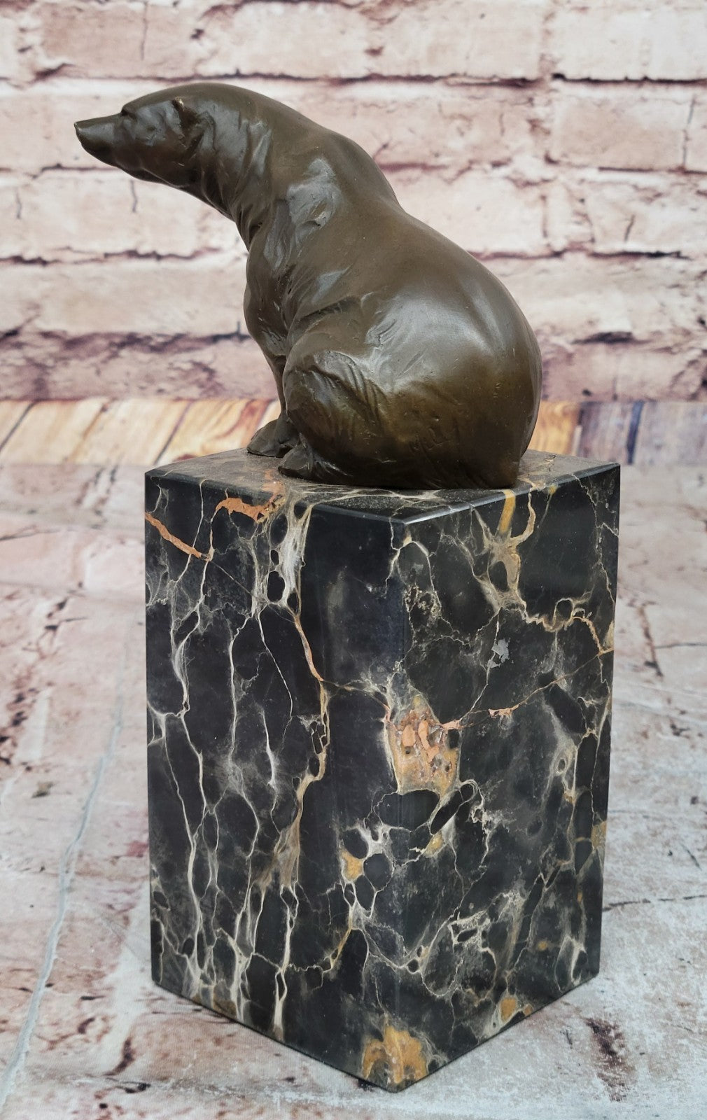 Signed Sitting Polar Bear Bronze Bookend Book End Decor Marble Sculpture Statue