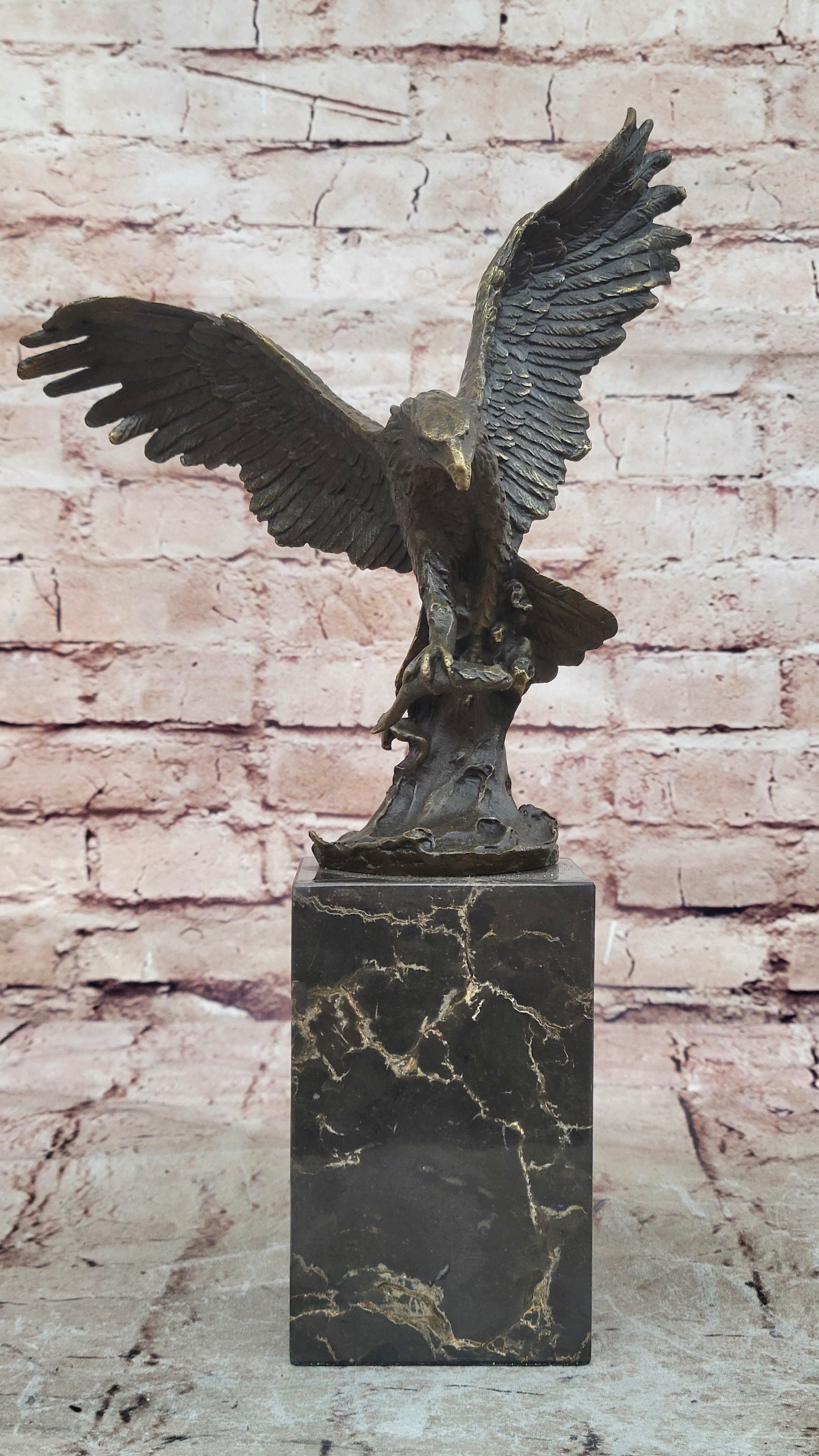 Lake Rights" Bronze Statue of Eagle on Branch with Fish Figurine Marble Base