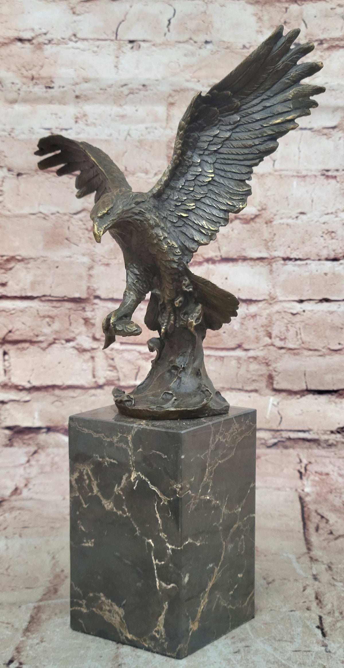 Lake Rights" Bronze Statue of Eagle on Branch with Fish Figurine Marble Base