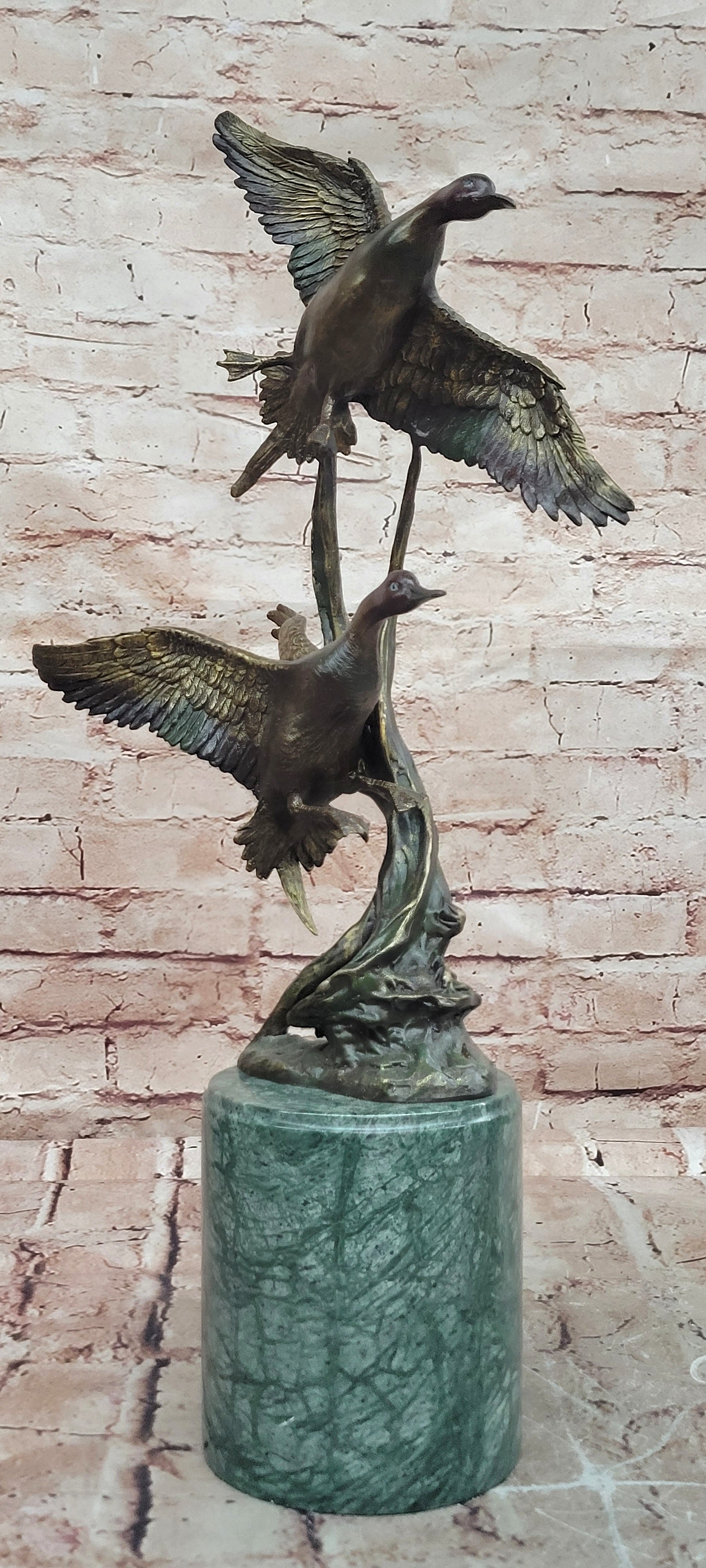 Duck Family Bronze Statue Signed Hot Cast Marble Base Fine Art Collectible