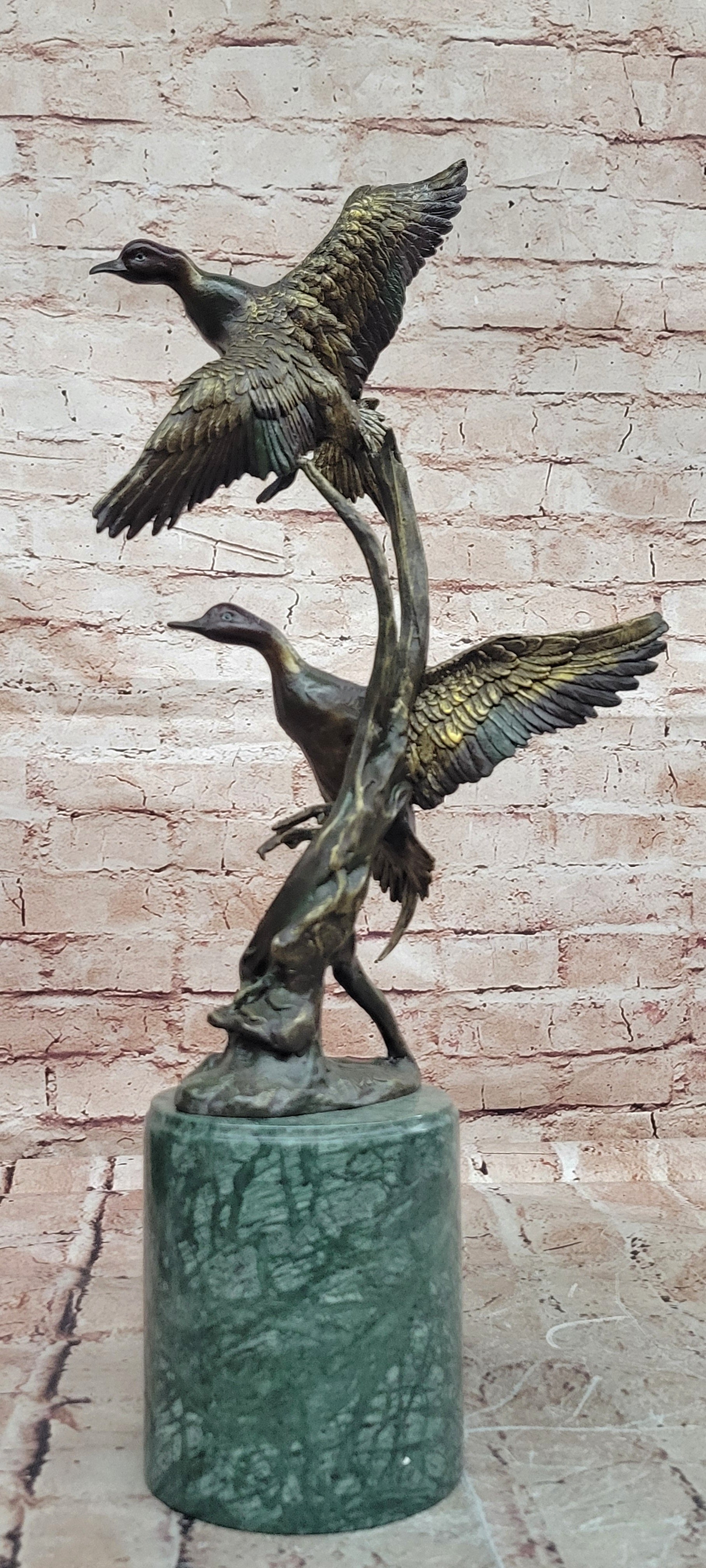 Duck Family Bronze Statue Signed Hot Cast Marble Base Fine Art Collectible