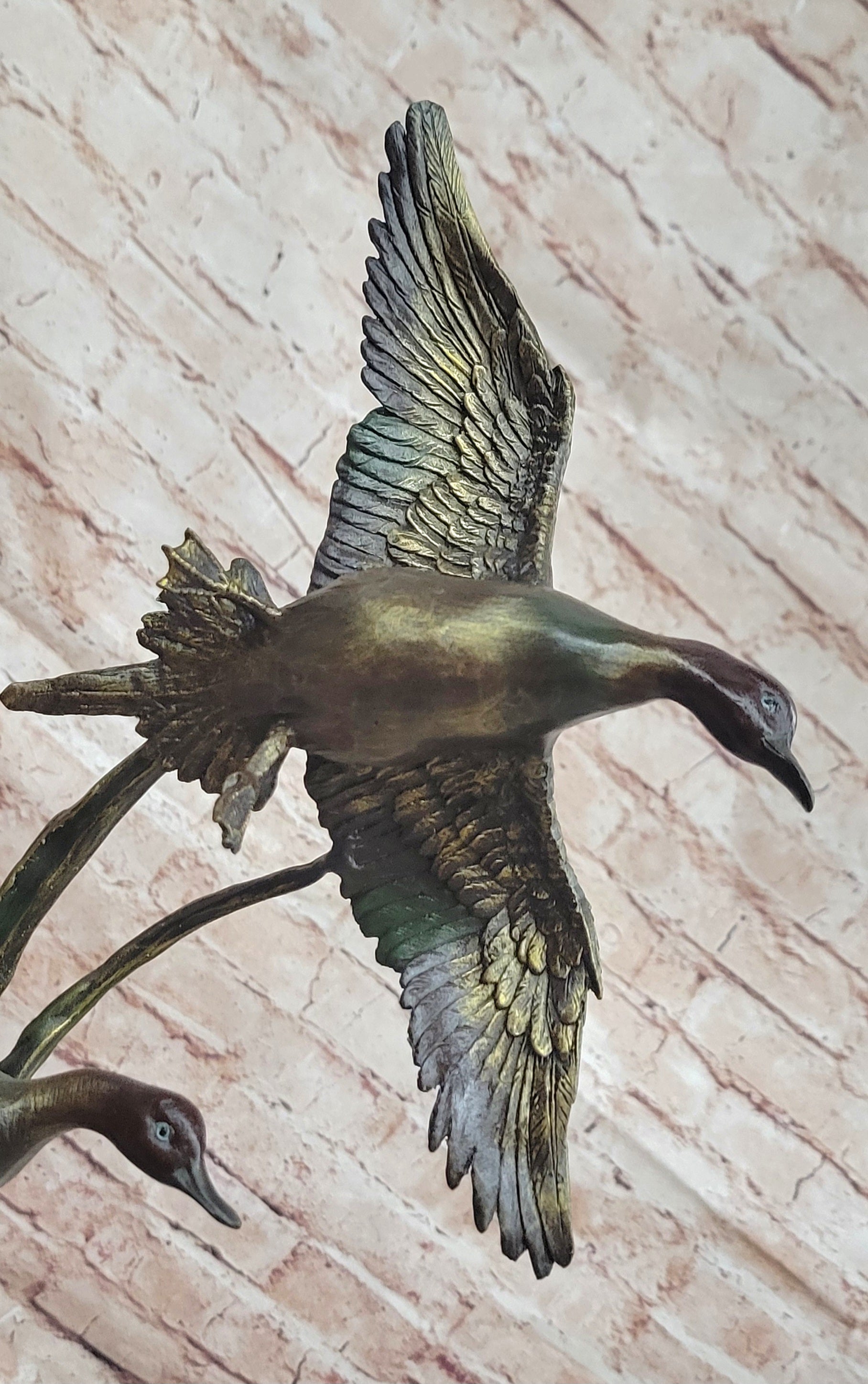 Duck Family Bronze Statue Signed Hot Cast Marble Base Fine Art Collectible