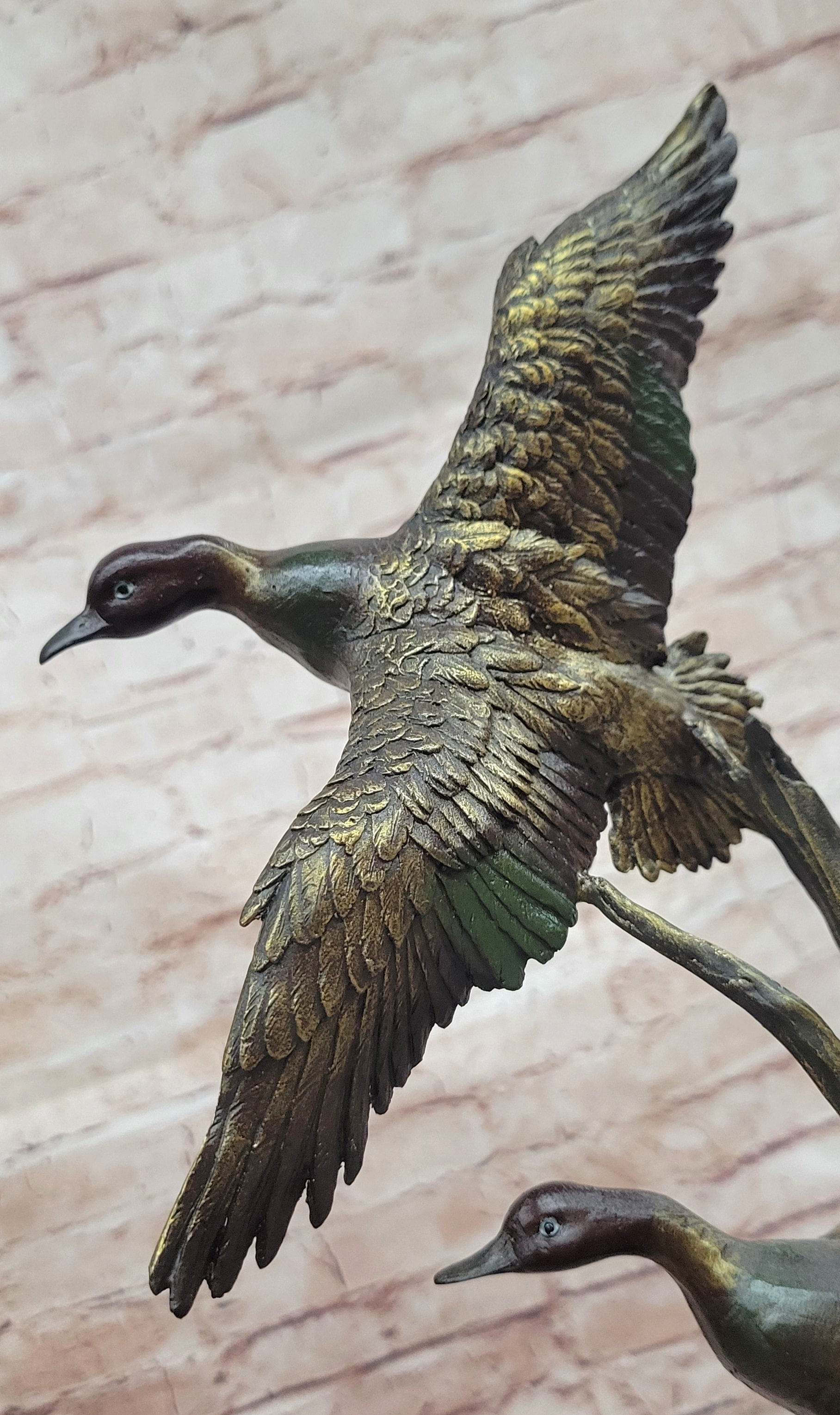 Duck Family Bronze Statue Signed Hot Cast Marble Base Fine Art Collectible