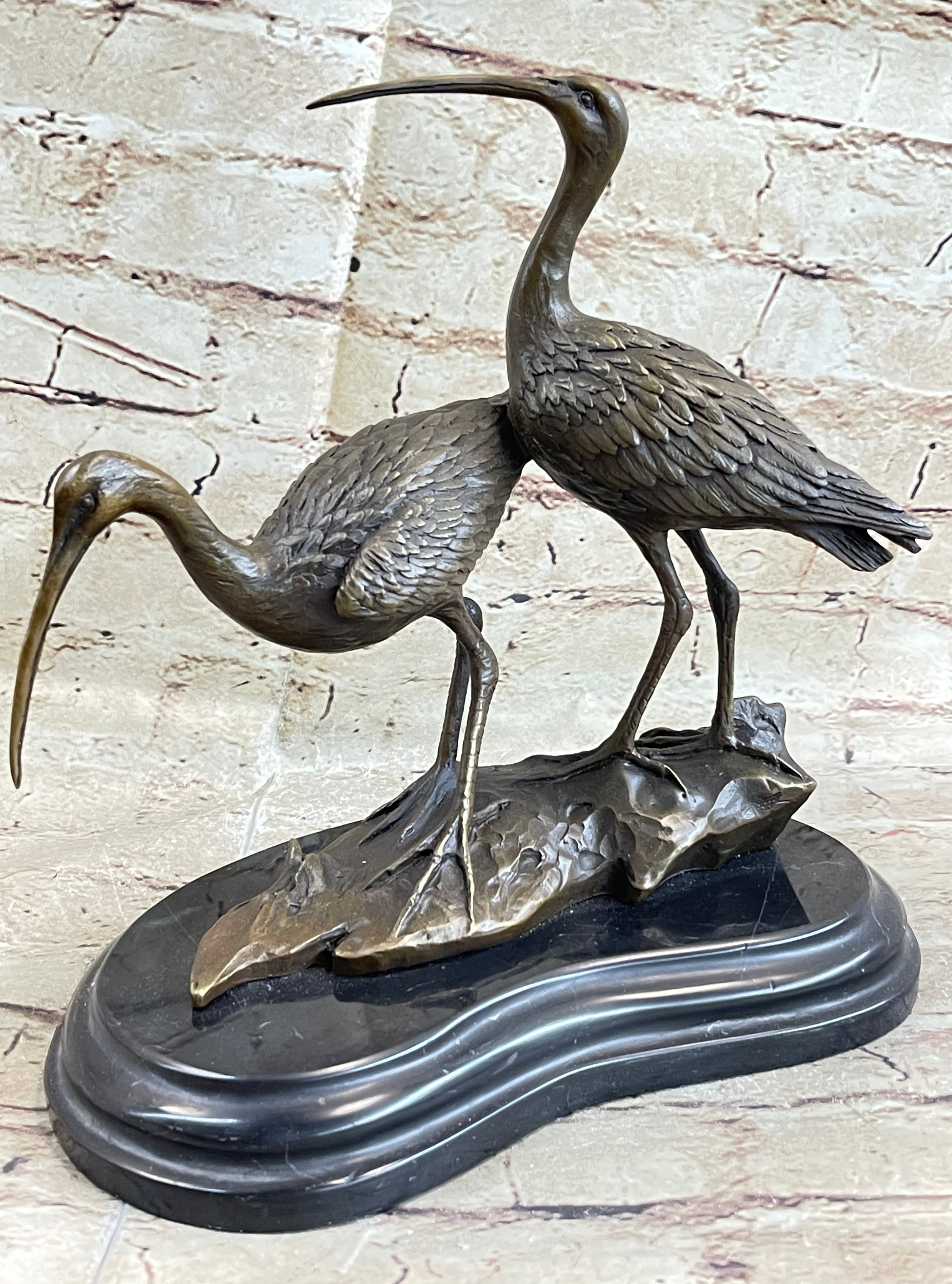 Art Deco Hand Made Two Cranes birds Wildlife Bronze sculpture Lost wax Method