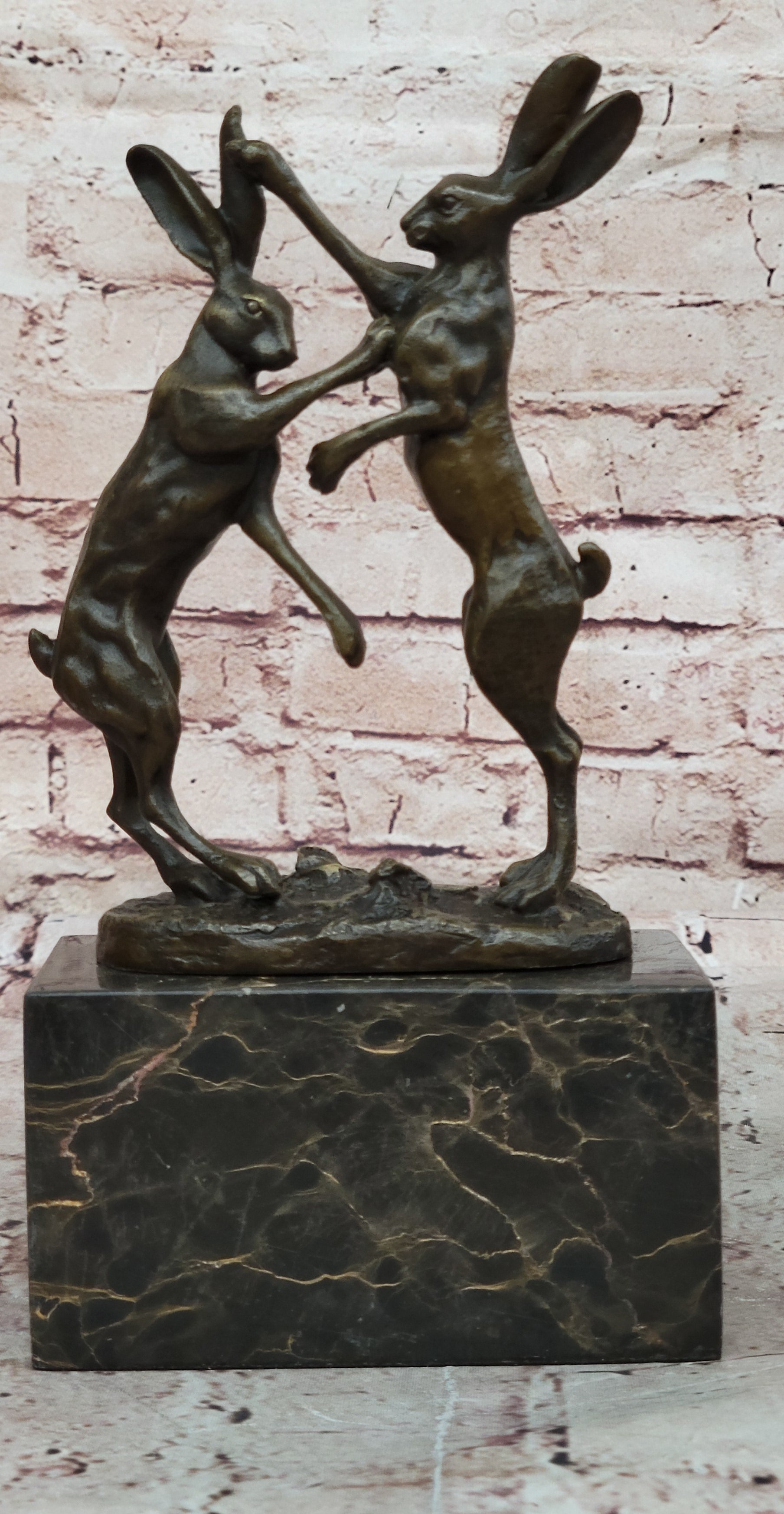 Art Deco Championship between Two Hare Bronze Sculpture Marble Statue Figurine