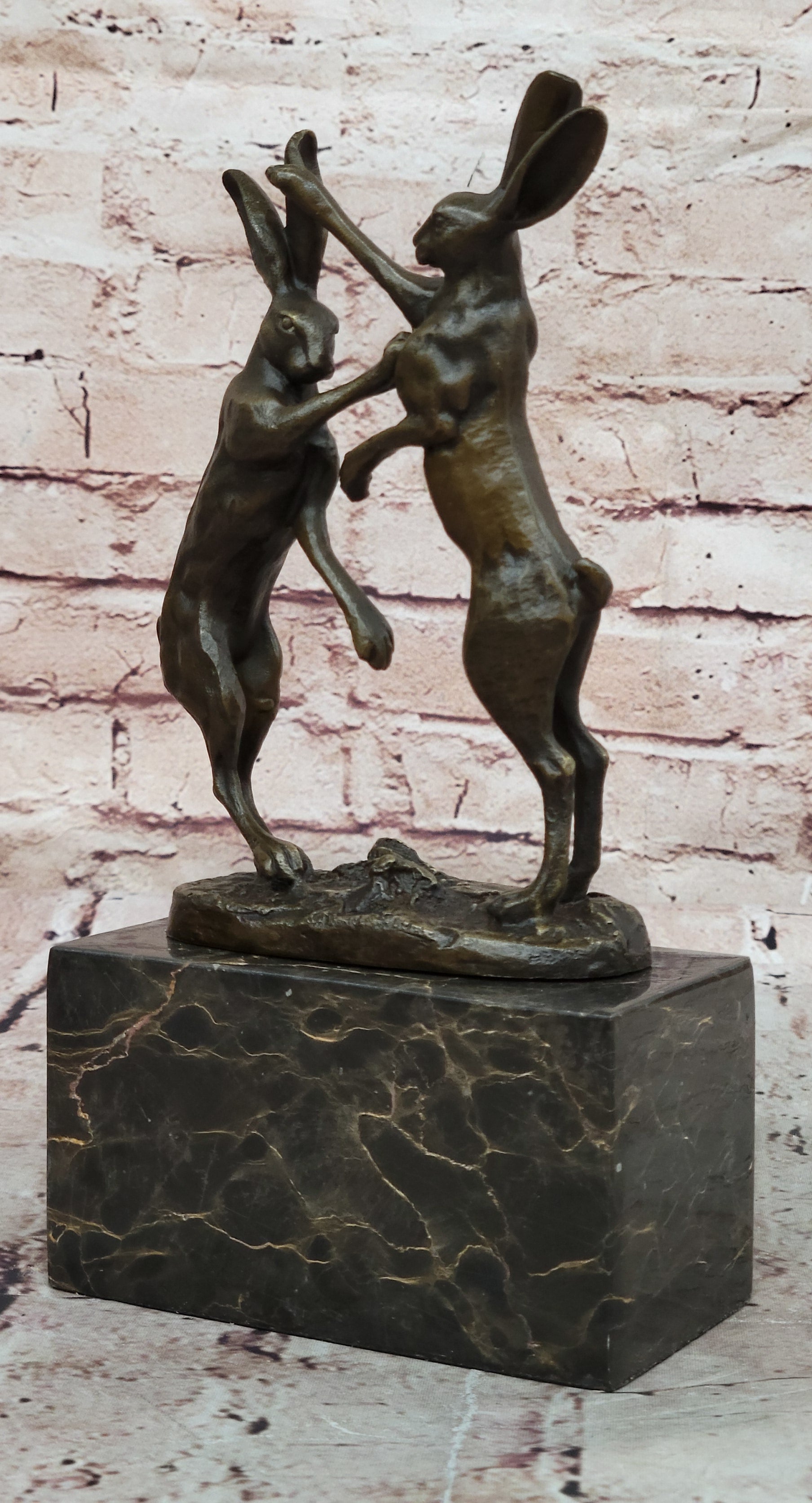 Art Deco Championship between Two Hare Bronze Sculpture Marble Statue Figurine