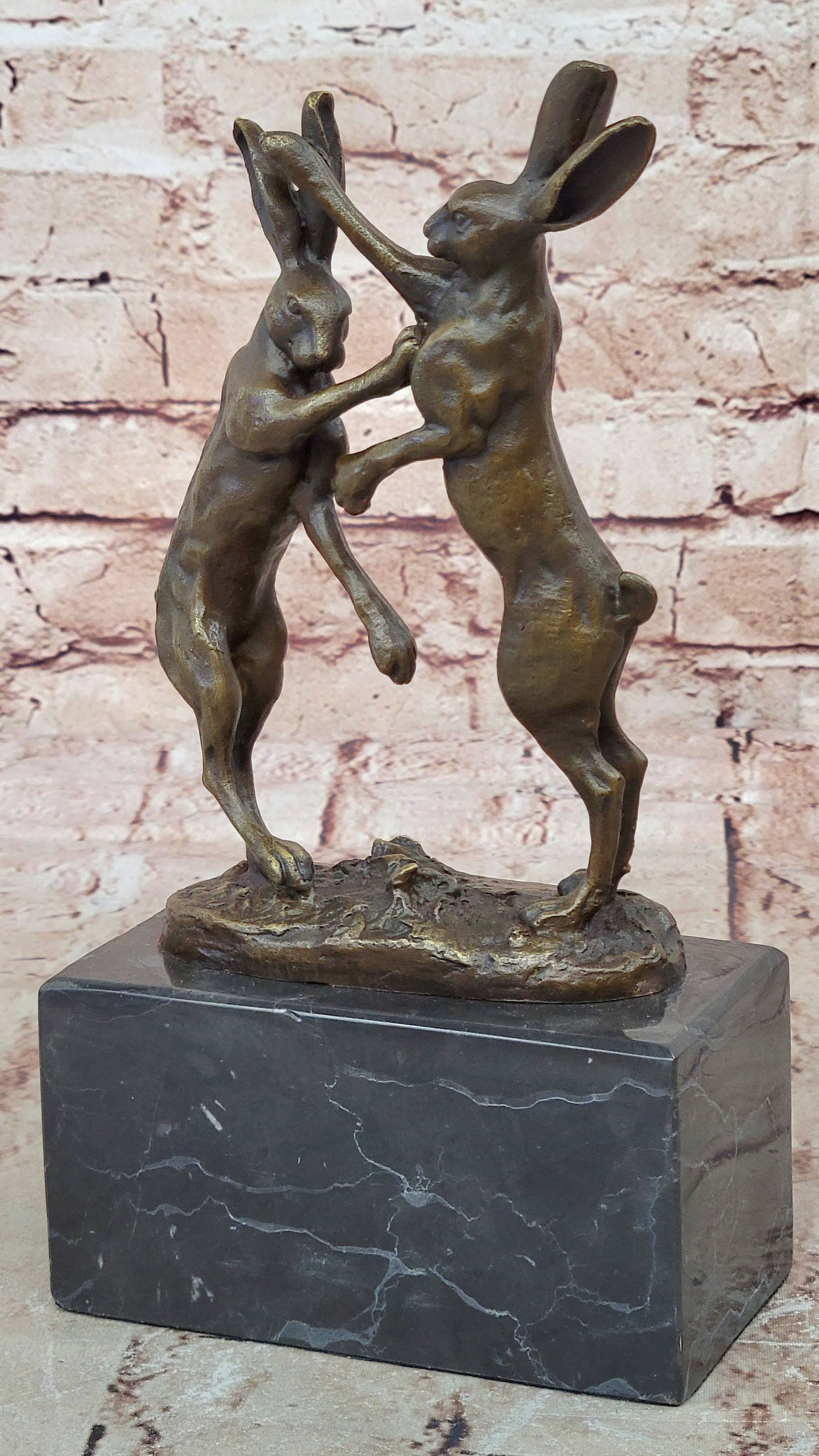 Art Deco Championship between Two Hare Bronze Sculpture Marble Statue Figurine