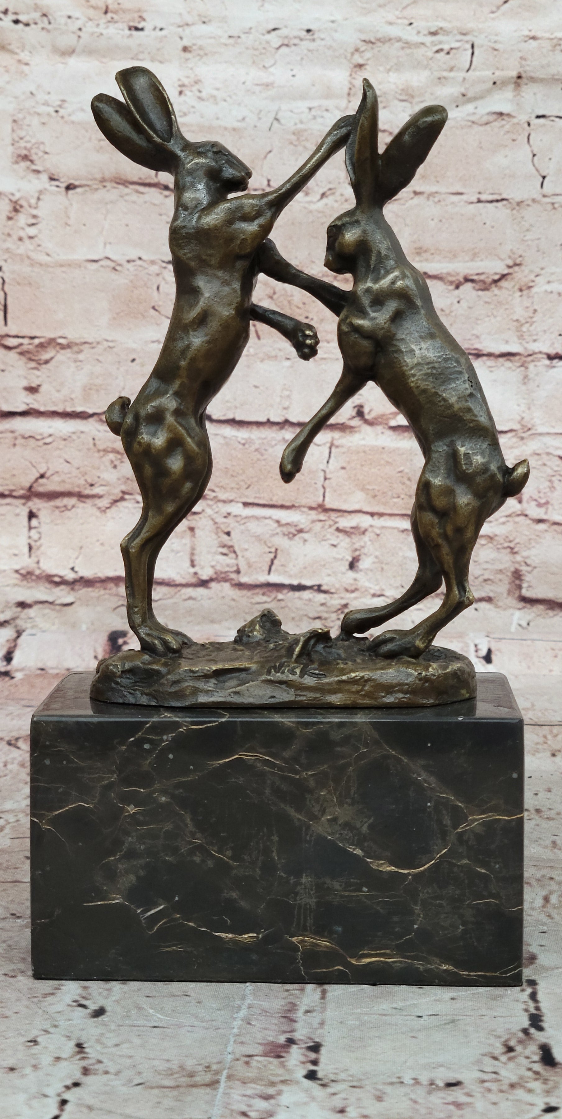 Art Deco Championship between Two Hare Bronze Sculpture Marble Statue Figurine