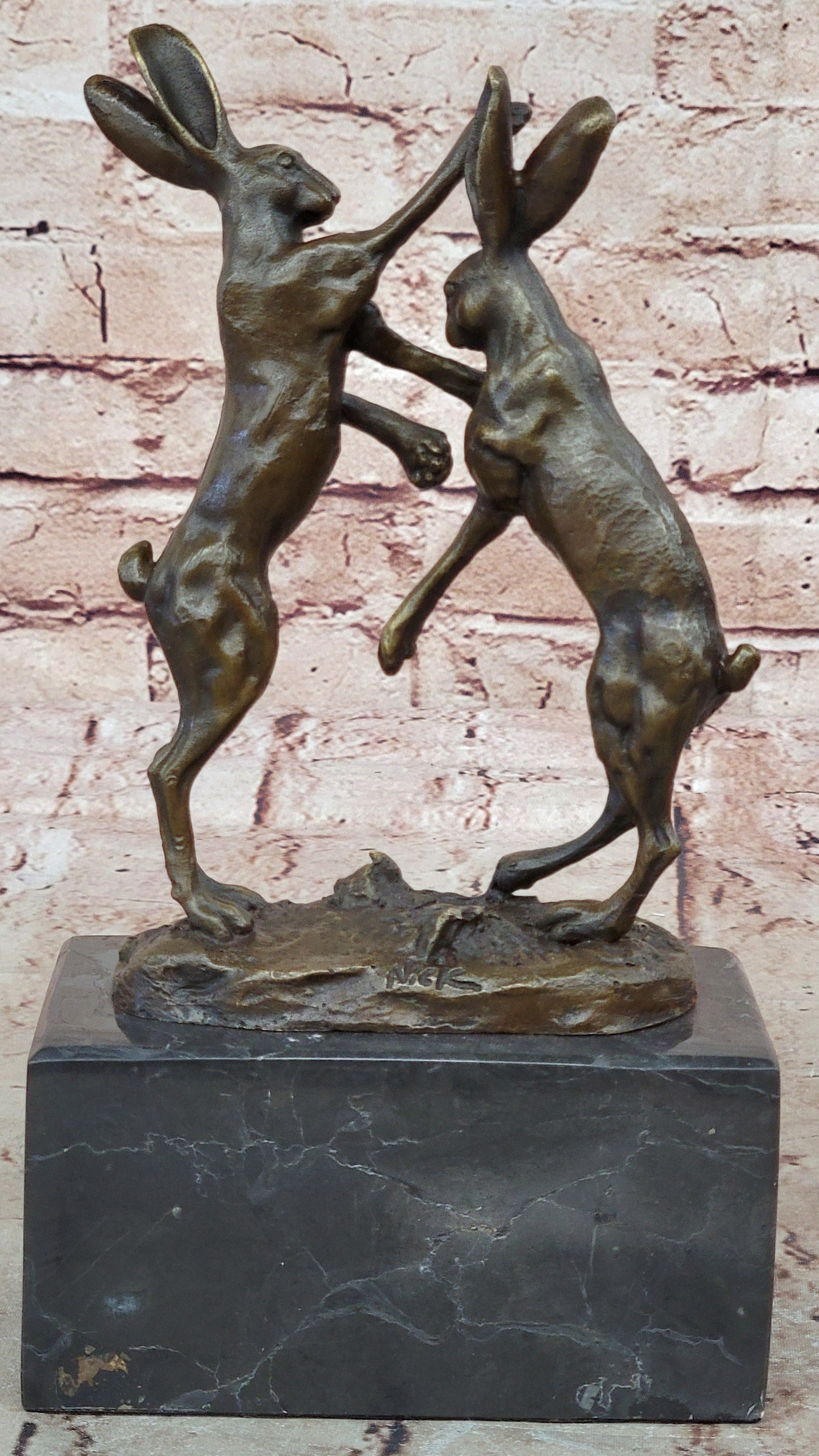 Art Deco Championship between Two Hare Bronze Sculpture Marble Statue Figurine