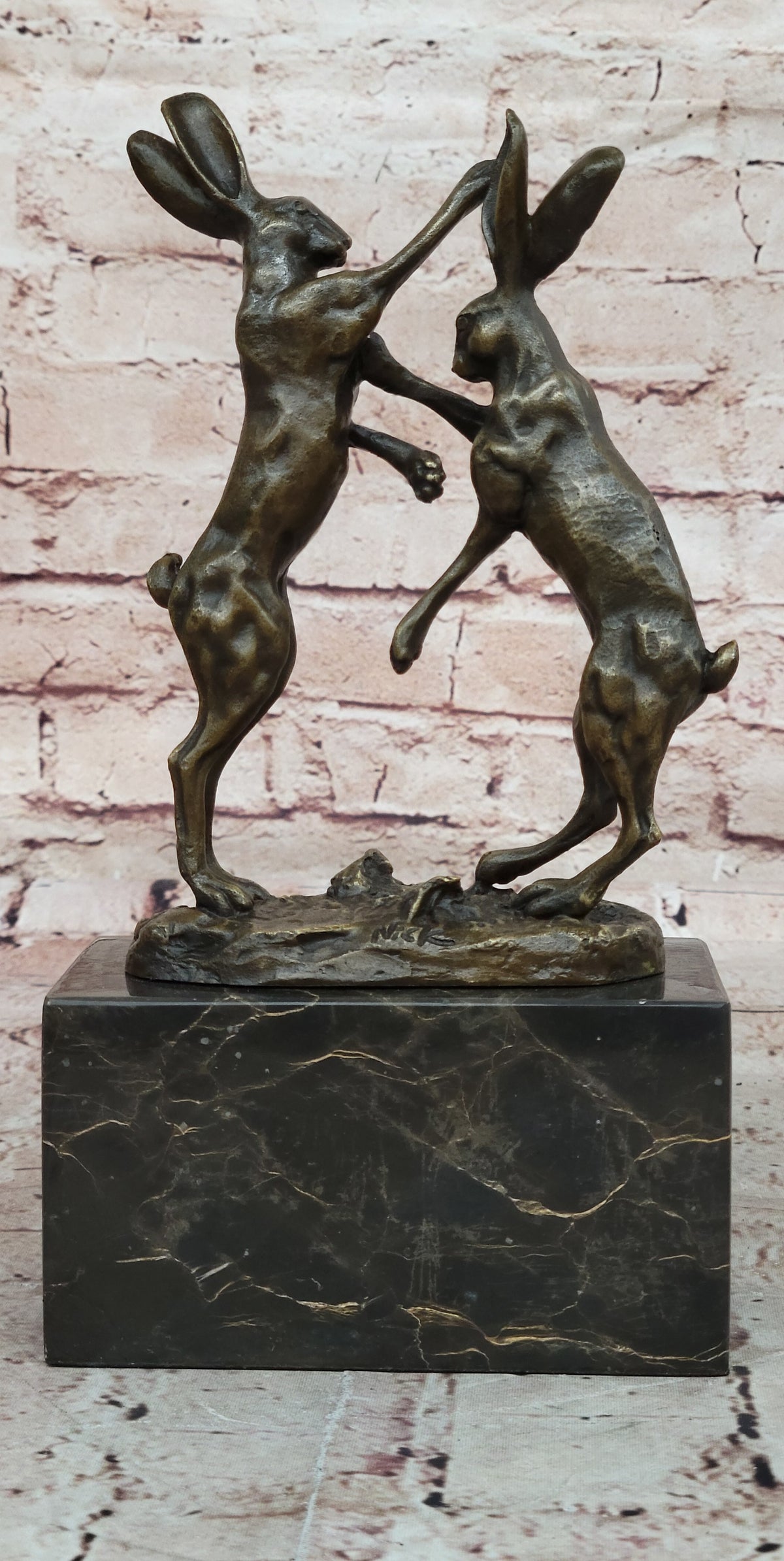 Art Deco Championship between Two Hare Bronze Sculpture Marble Statue Figurine