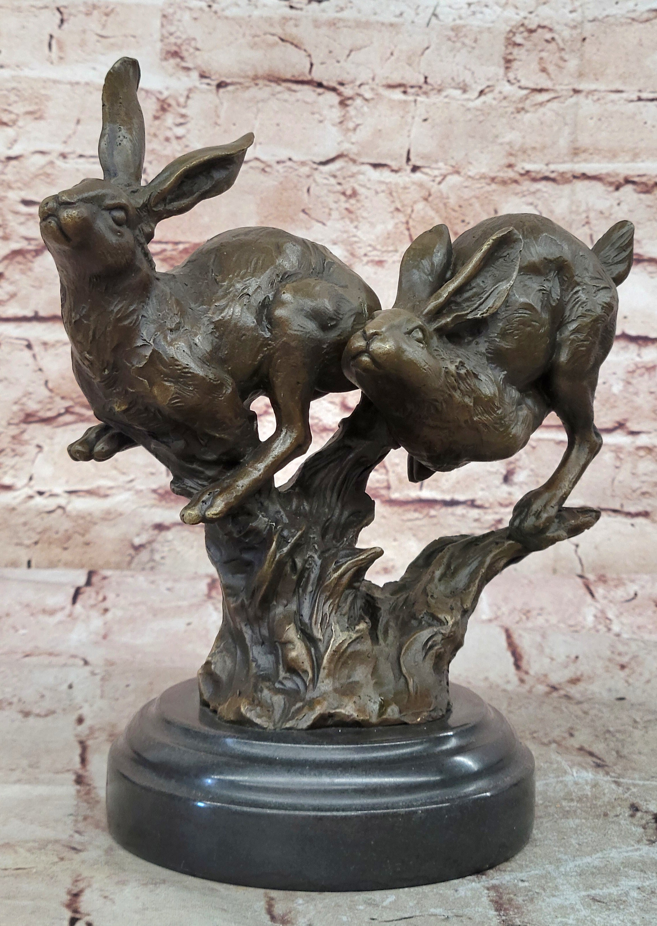 Two European Hare Eastern Jackrabbit Bronze Marble Base Sculpture Statue Decor