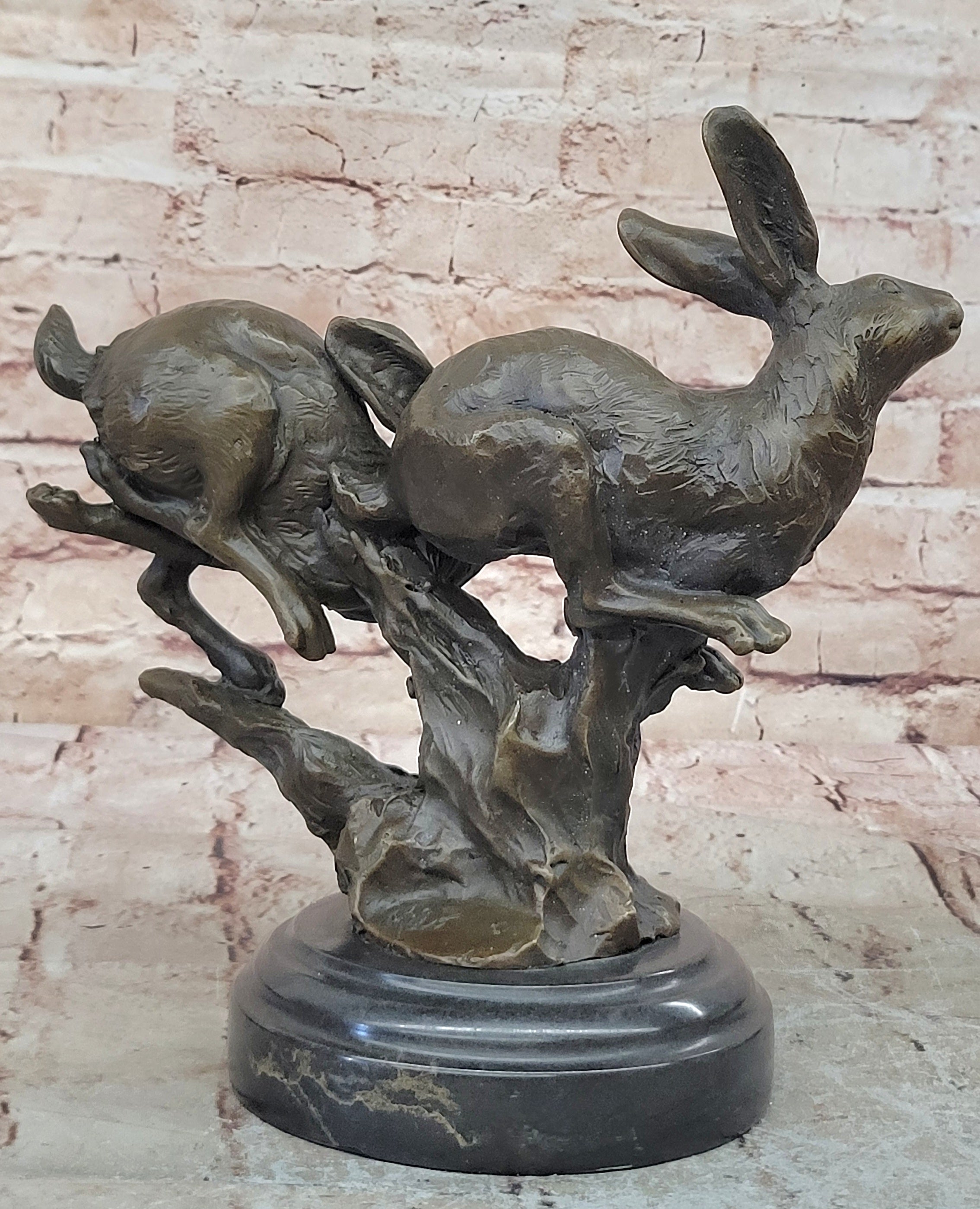 Two European Hare Eastern Jackrabbit Bronze Marble Base Sculpture Statue Decor