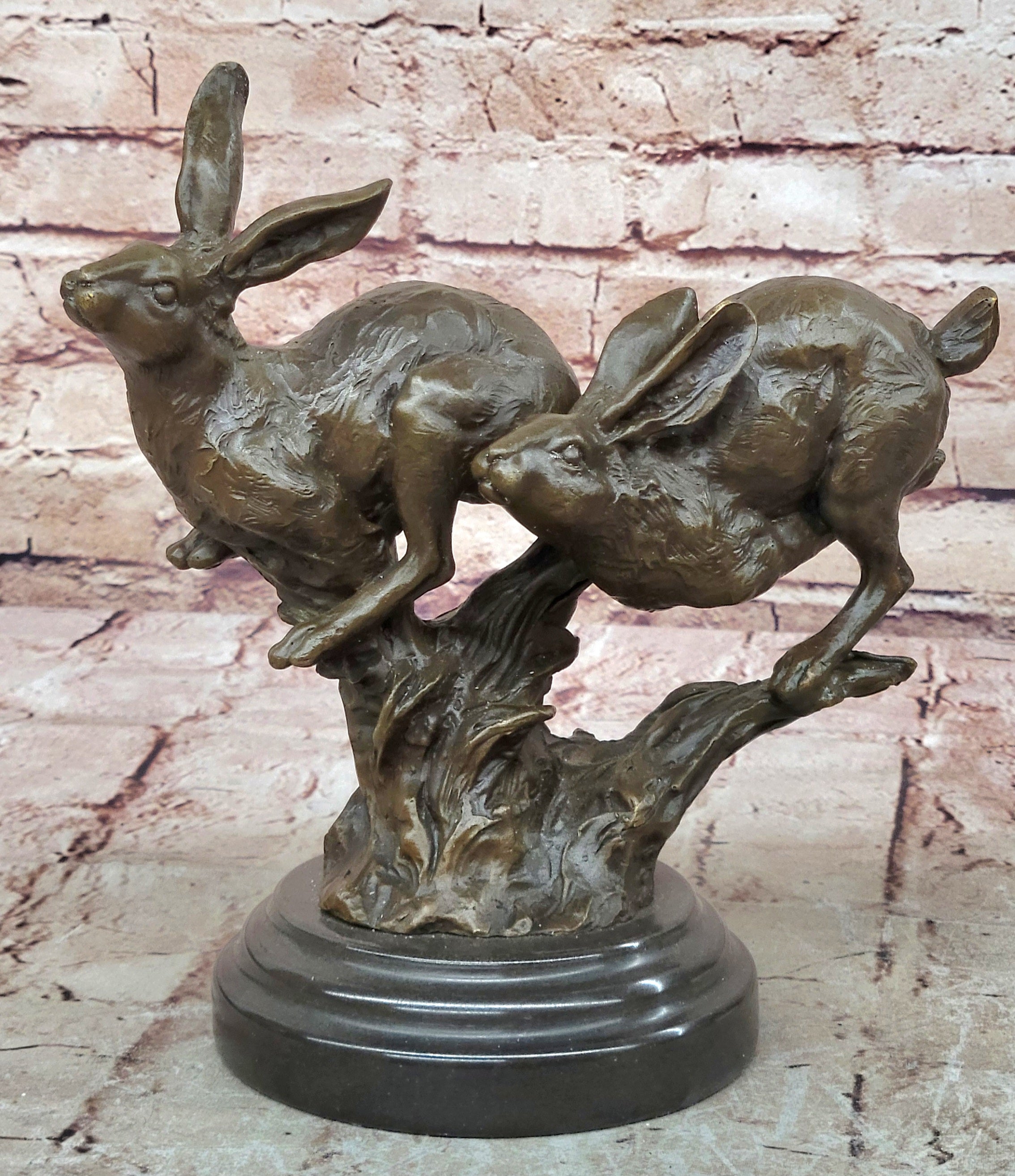 Two European Hare Eastern Jackrabbit Bronze Marble Base Sculpture Statue Decor