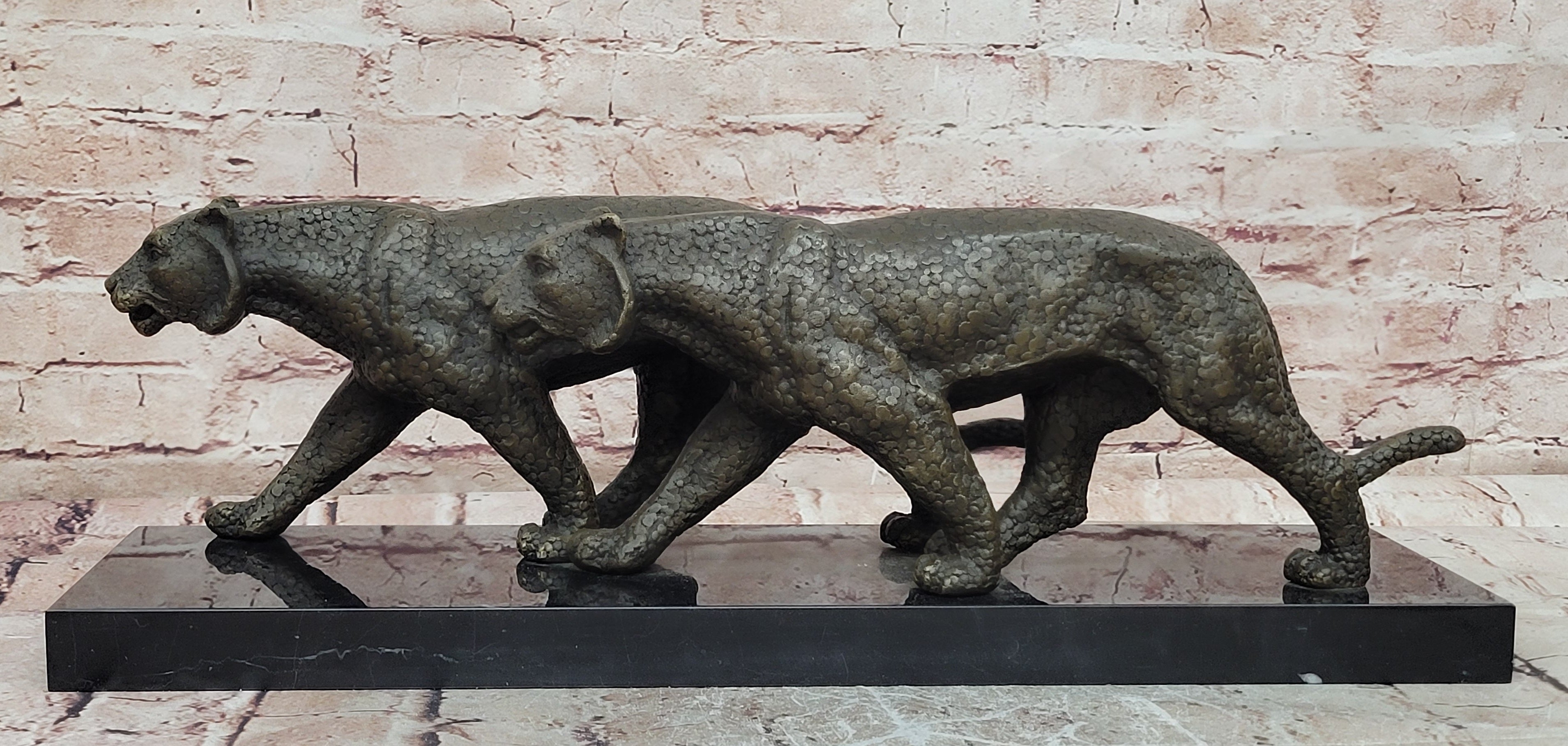 Signed Barye Bronze Panther Duo Sculpture Powerful Executive Display