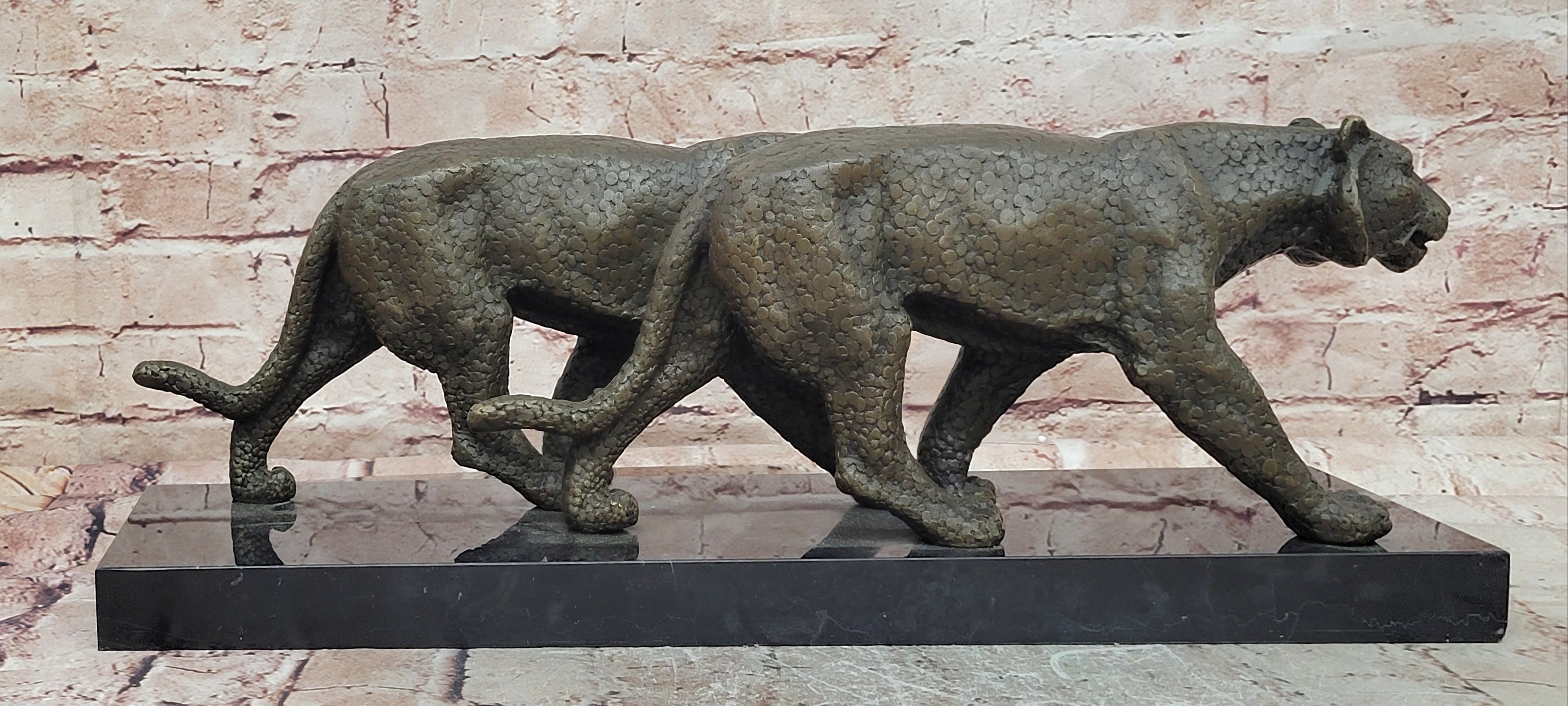 Signed Barye Bronze Panther Duo Sculpture Powerful Executive Display